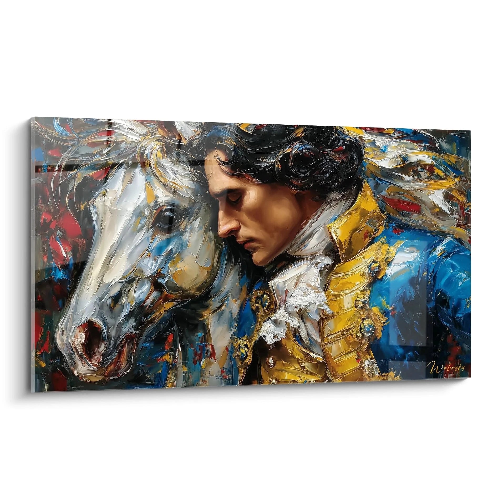 Tableau mural Walensky tableau Louis XIV équestre peinture expressive d un homme en habit bleu et cheval blanc