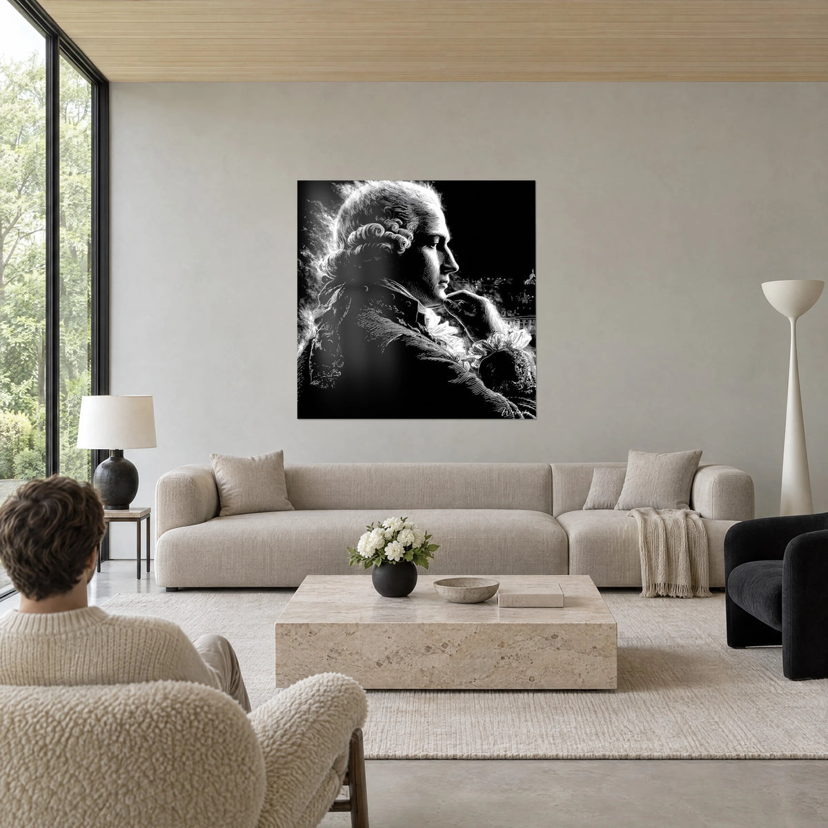 Gemälde Profilporträt des Königs Ludwig XVI., weiße gelockte Perücke auf schwarzem Hintergrund, über einem Sofa in einem hellen Wohnzimmer