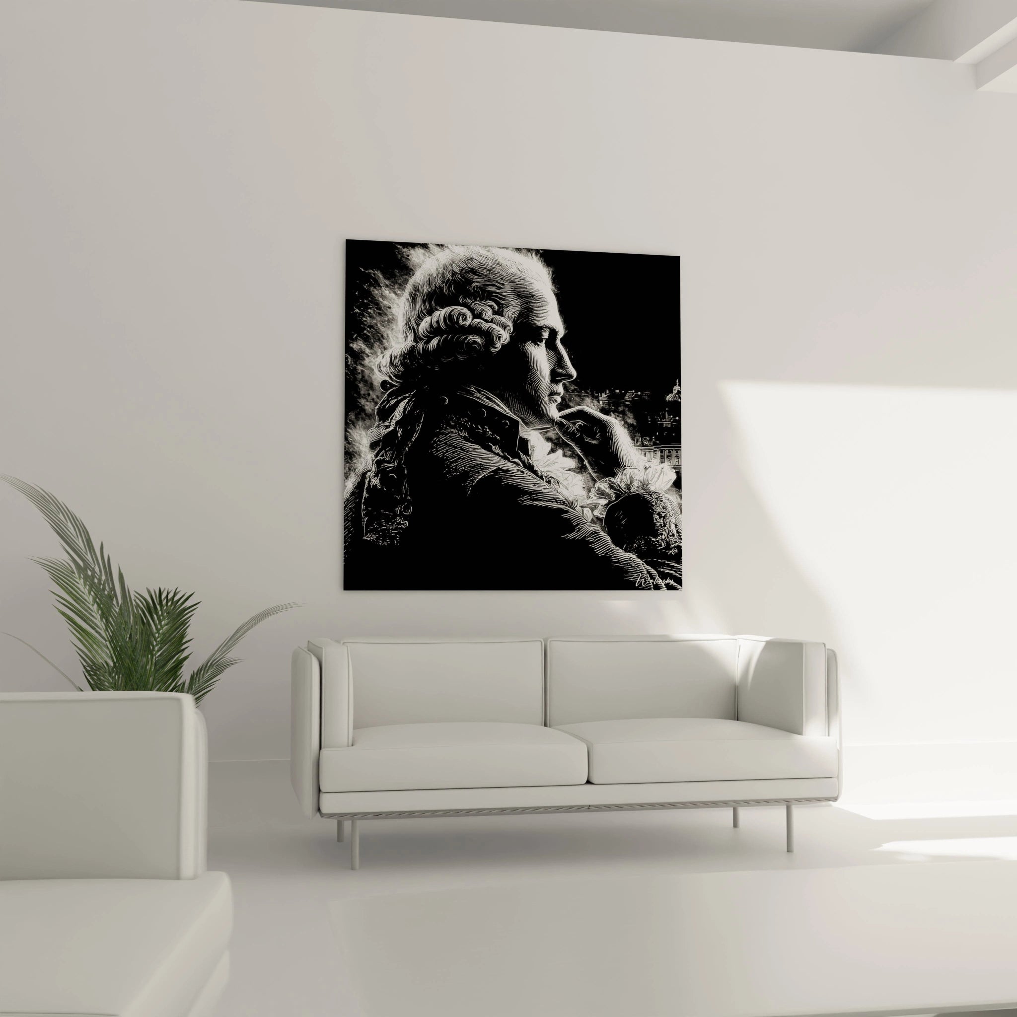 tableau Louis XVI en noir et blanc sur toile mural Walensky dans salon minimaliste au dessus d un canape