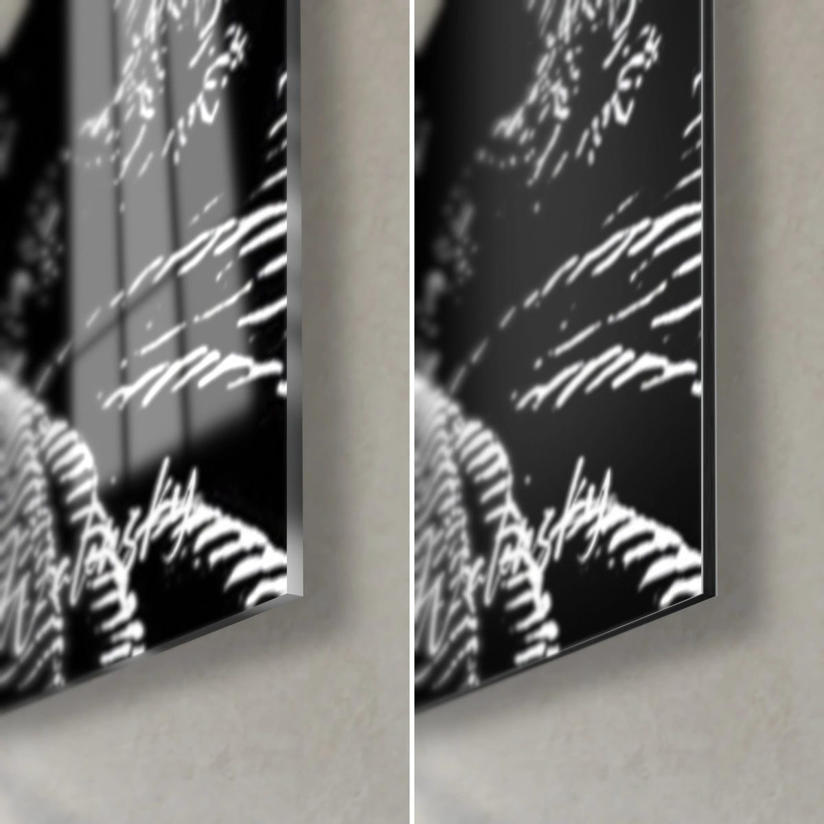 Gemälde gravierter Monarch in Schwarzweiß, untere rechte Ecke: glänzendes Acrylglas links, matt Alu-Dibond rechts, 3 mm Kante