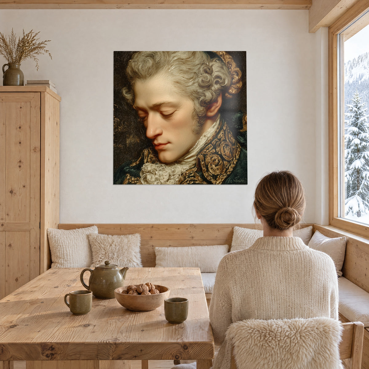 Cuadro señor dormido en pintura al óleo, tez de porcelana, chorrera color crema y galones dorados, frente a una mesa de madera y una ventana nevada