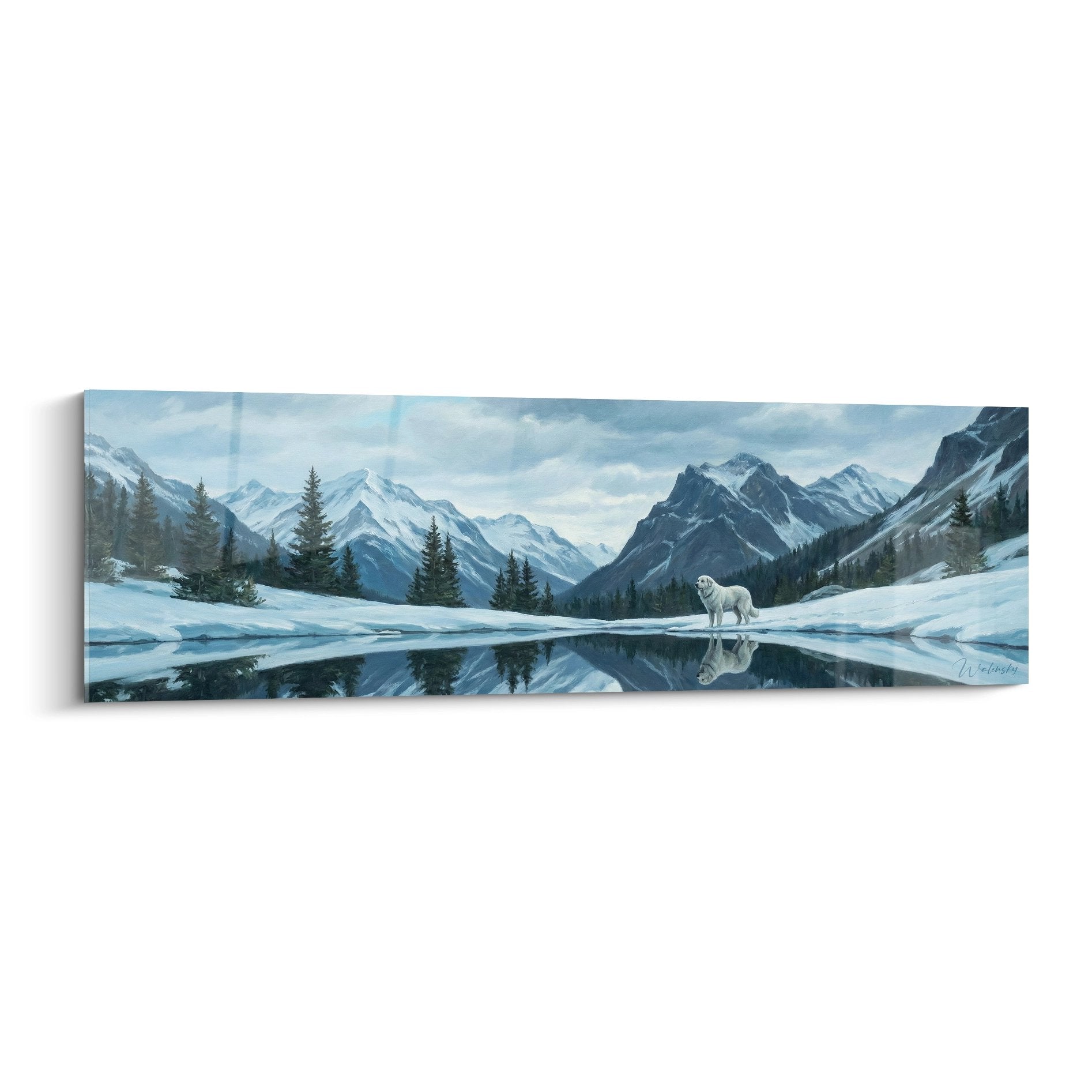 Tableau loup blanc au bord lac montagne reflets neige sapins sommets enneiges paysage hivernal panoramique
