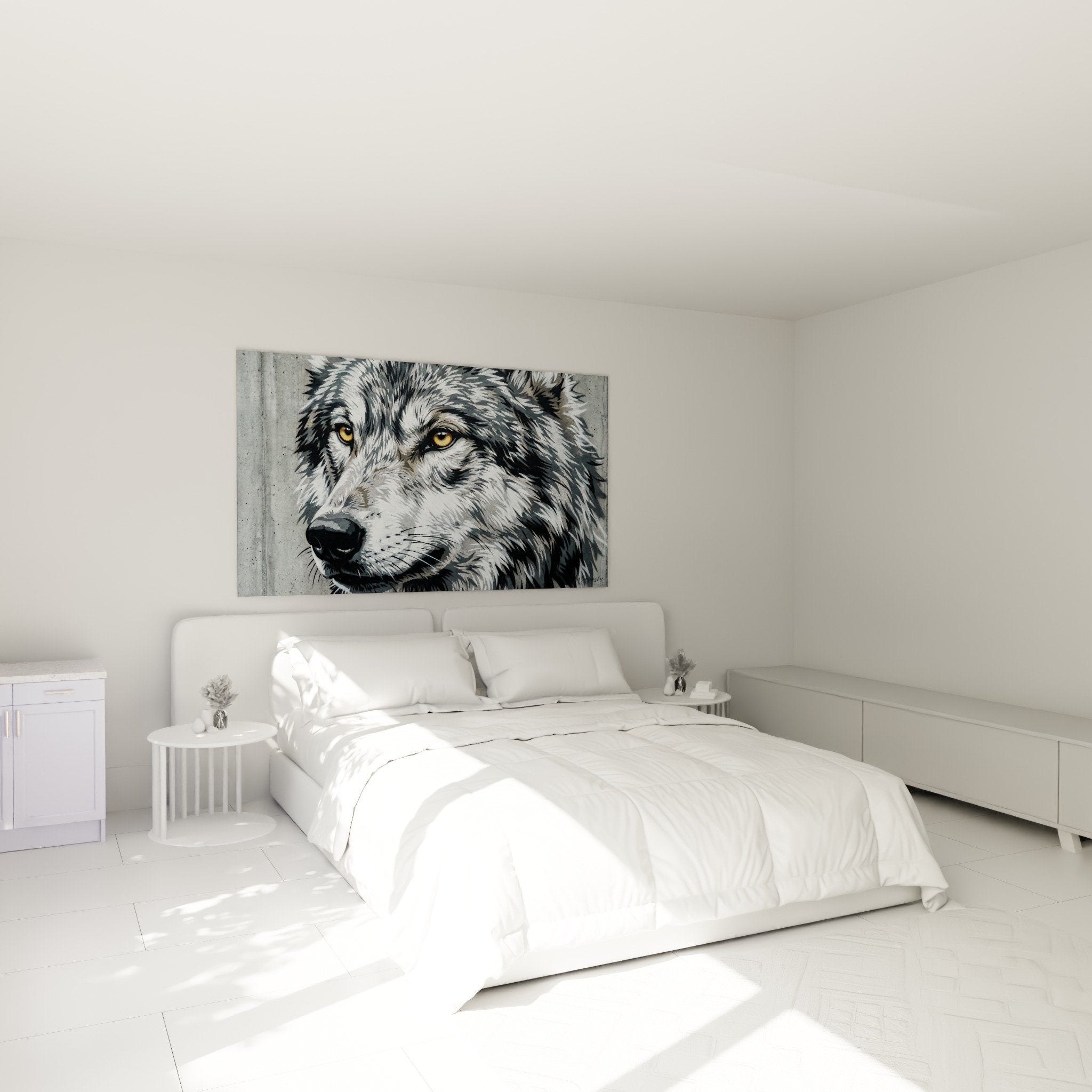 Tableau loup gris yeux ambre chambre decoration murale street art pochoir