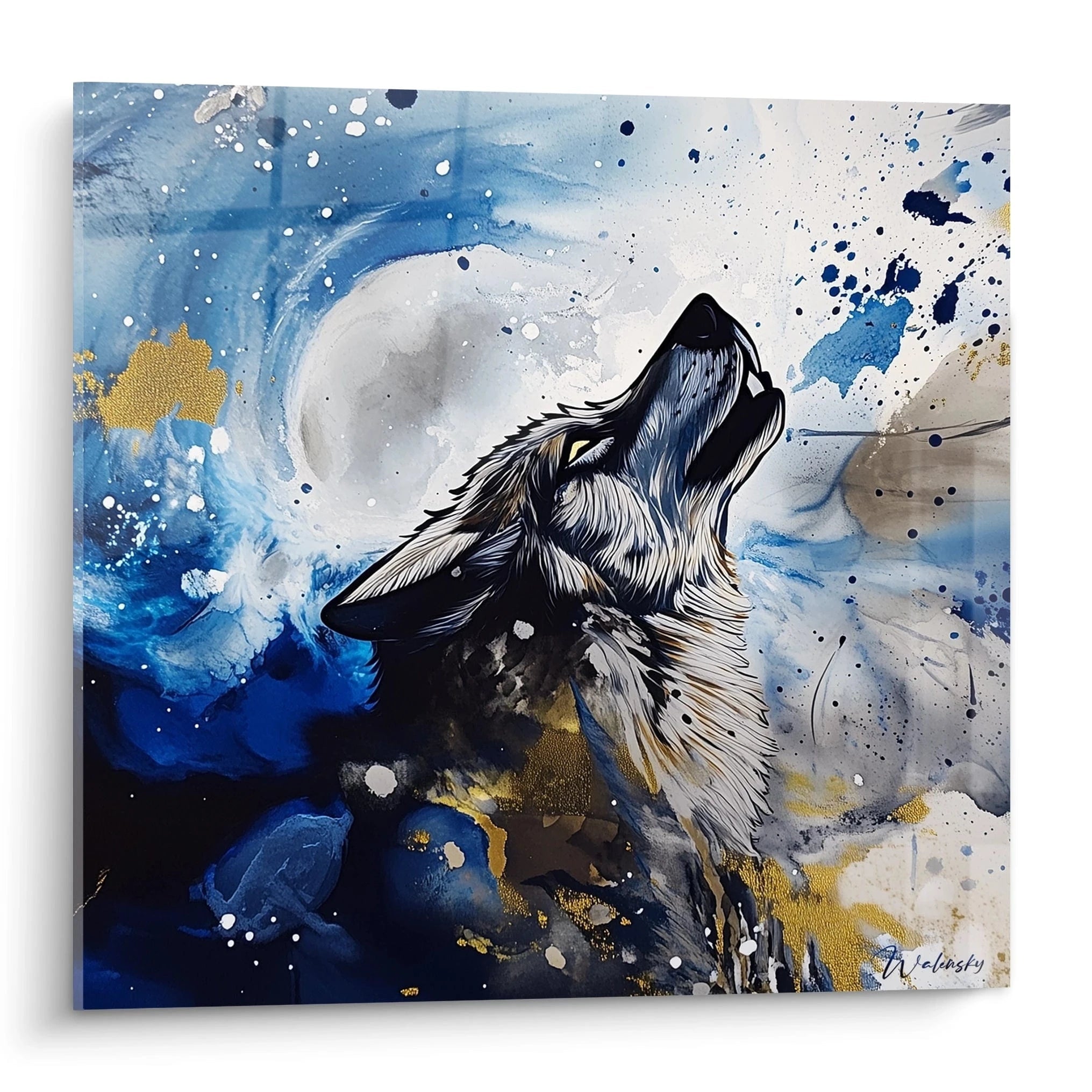 Tableau loup Walensky effet aquarelle avec loup hurlant sur fond bleu et touches dorées