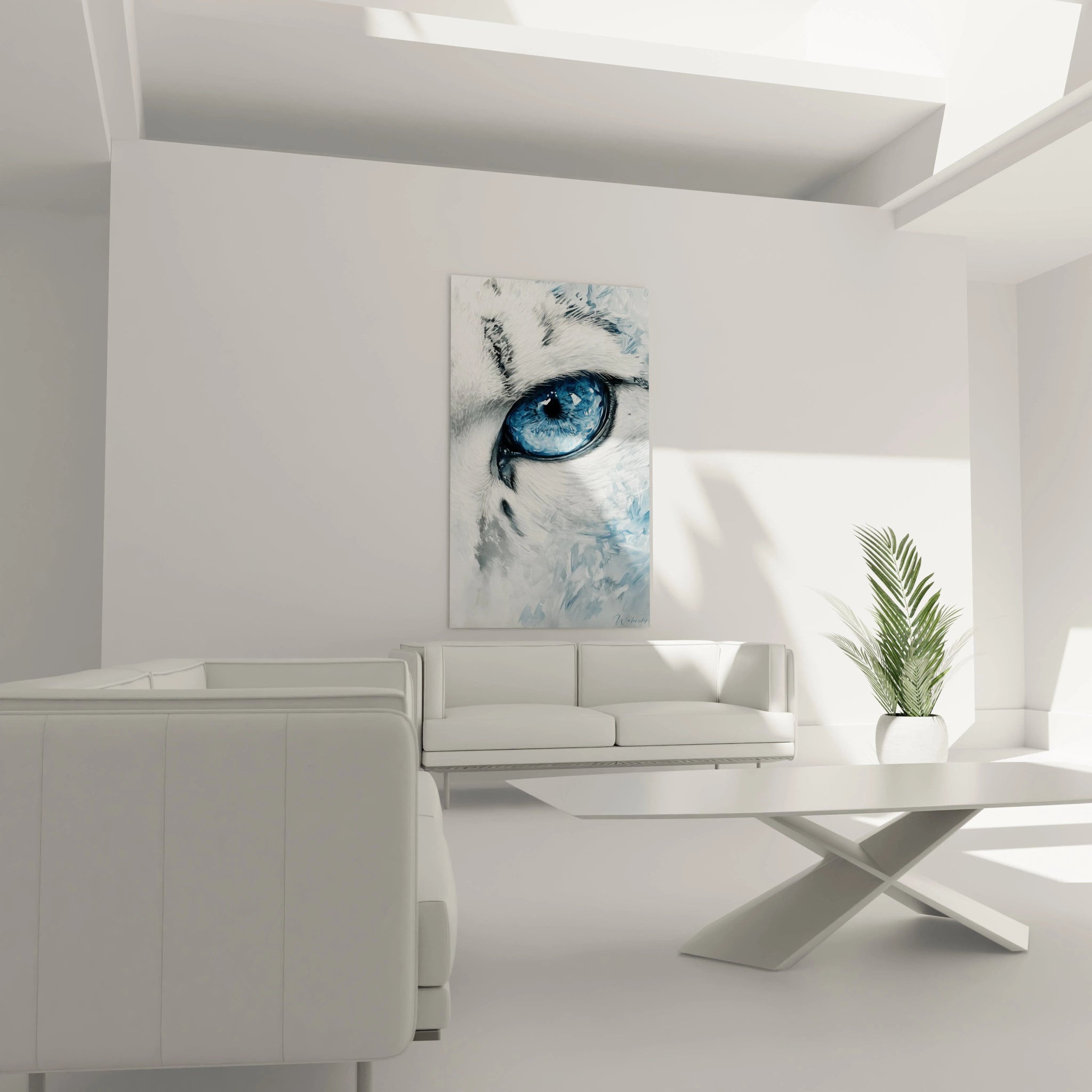 Tableau œil d'animal bleu sur toile par Walensky décorant un salon blanc moderne et lumineux