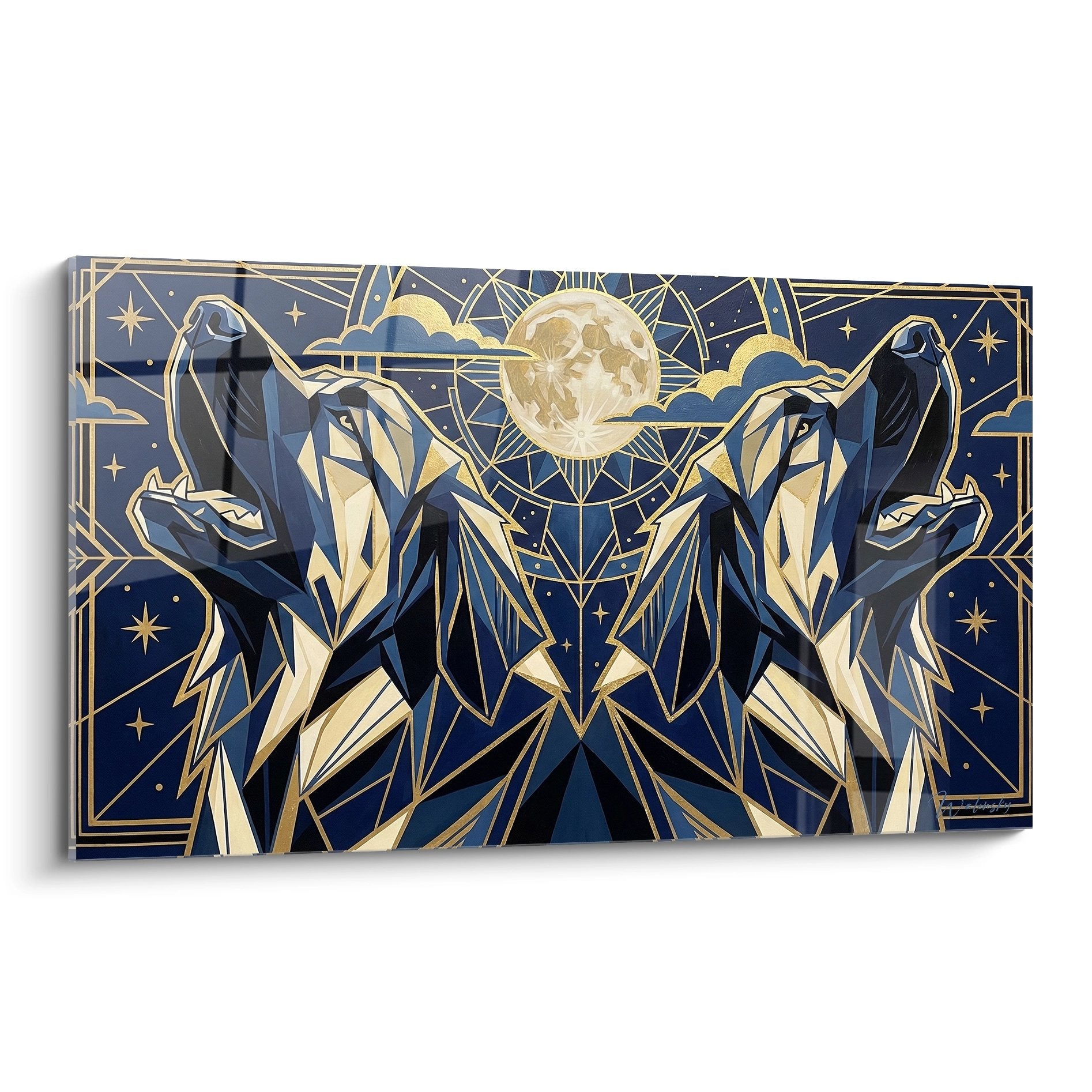 Modernes Gemälde zwei geometrische blaue goldene Wölfe Mond Sterne Leonberg Edition