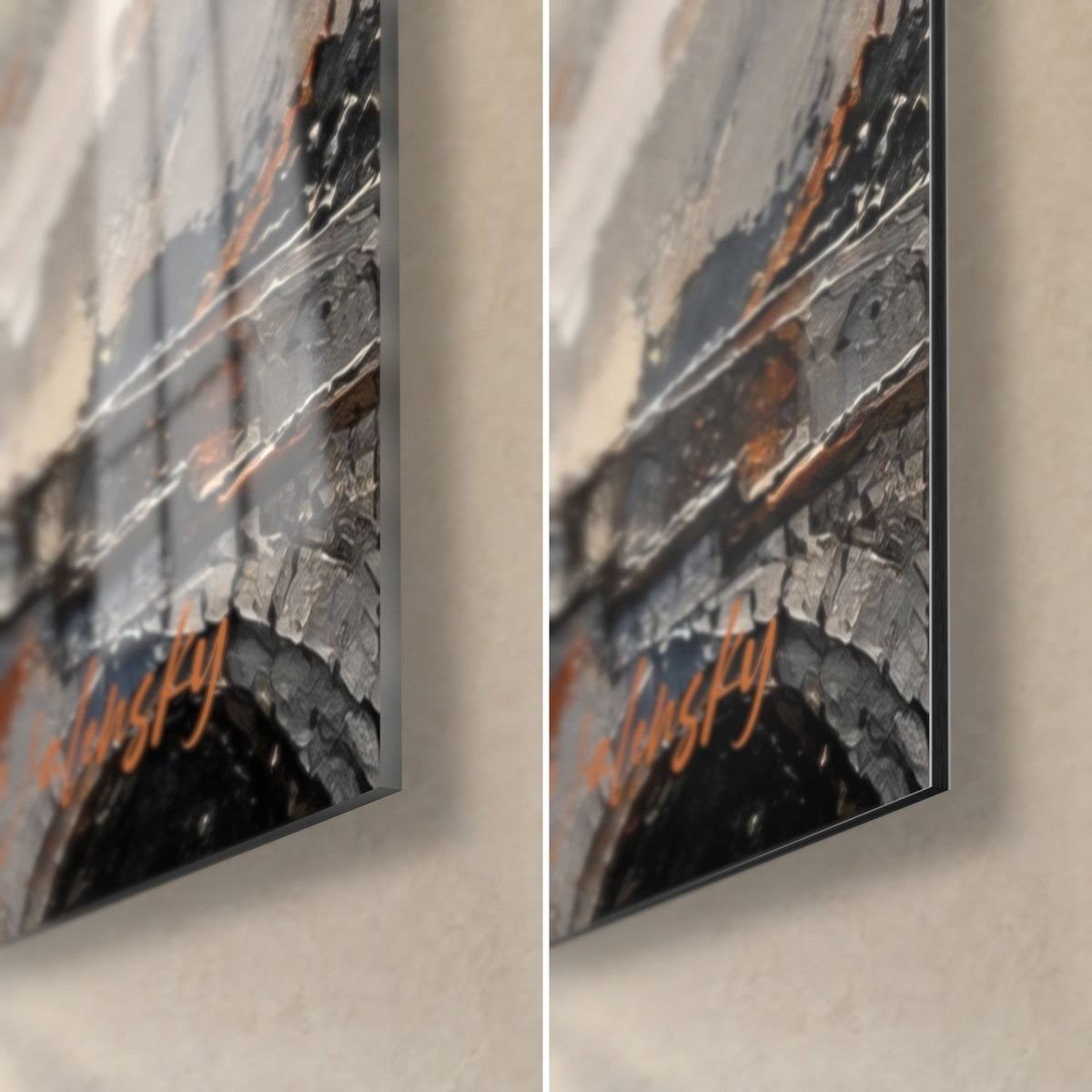 Wall art cathedral in grey and orange impasto, bottom right corner in glossy glass and matte Dibond aluminium, 3 mm edge
