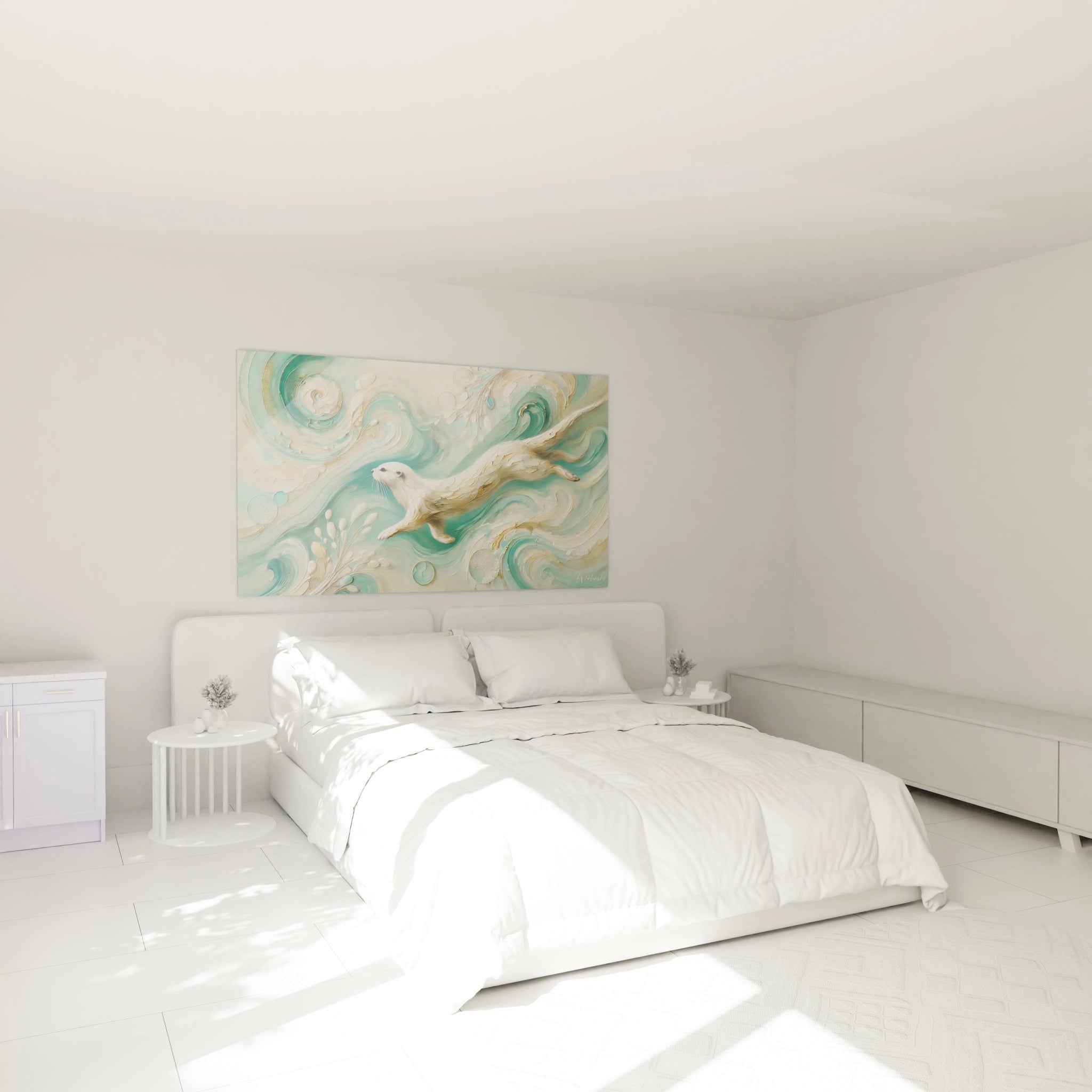 Dans cette chambre, le tableau loutre apporte une touche de serenite avec ses teintes beige, bleu et or. L'oeuvre suspendue au dessus du lit evoque grace et fluidite pour une ambiance apaisante.