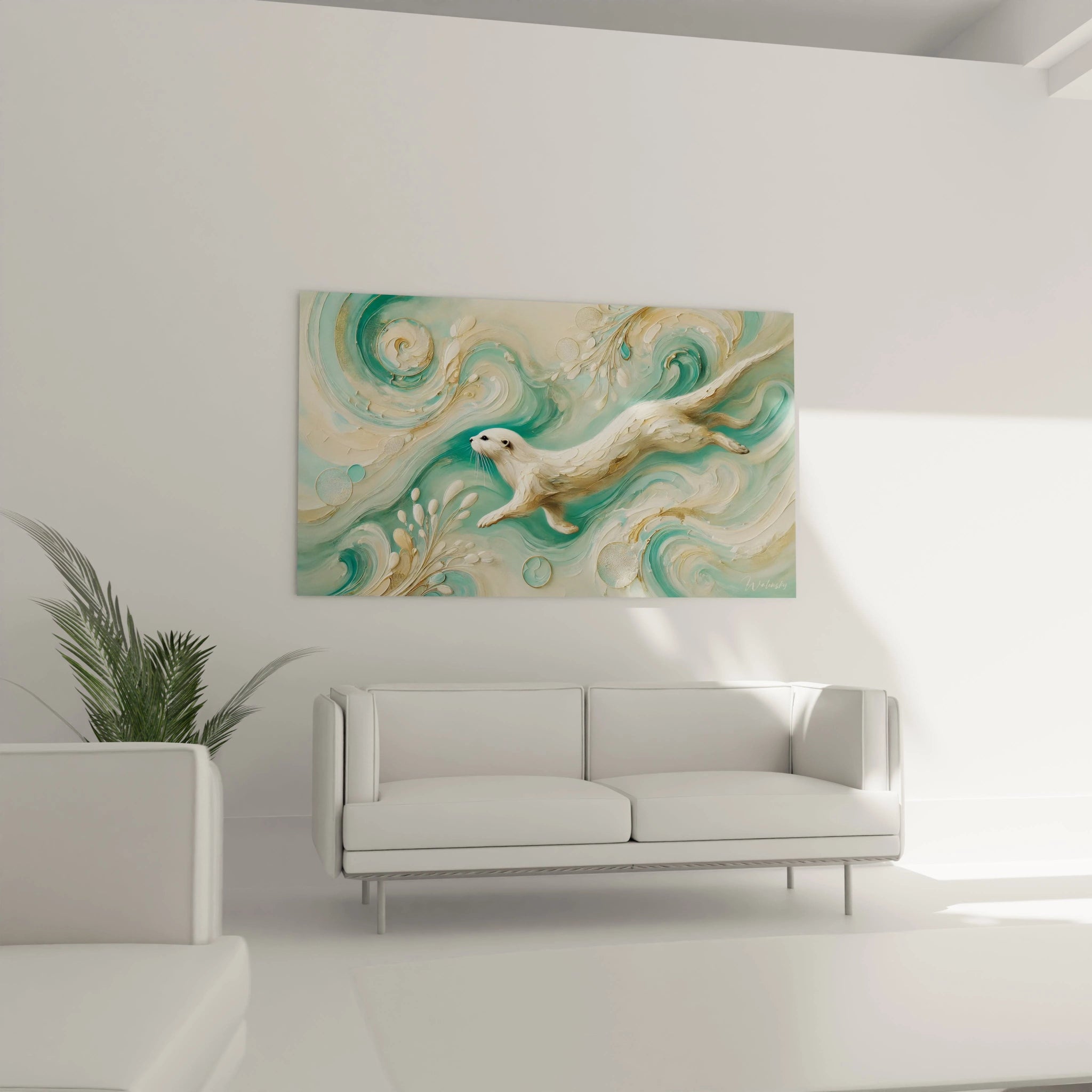 tableau loutre accroche dans le salon, ajoute une note d'elegance et de calme. L'oeuvre capture la souplesse de l'animal en parfaite symbiose avec l'eau, ideal pour sublimer votre interieur.