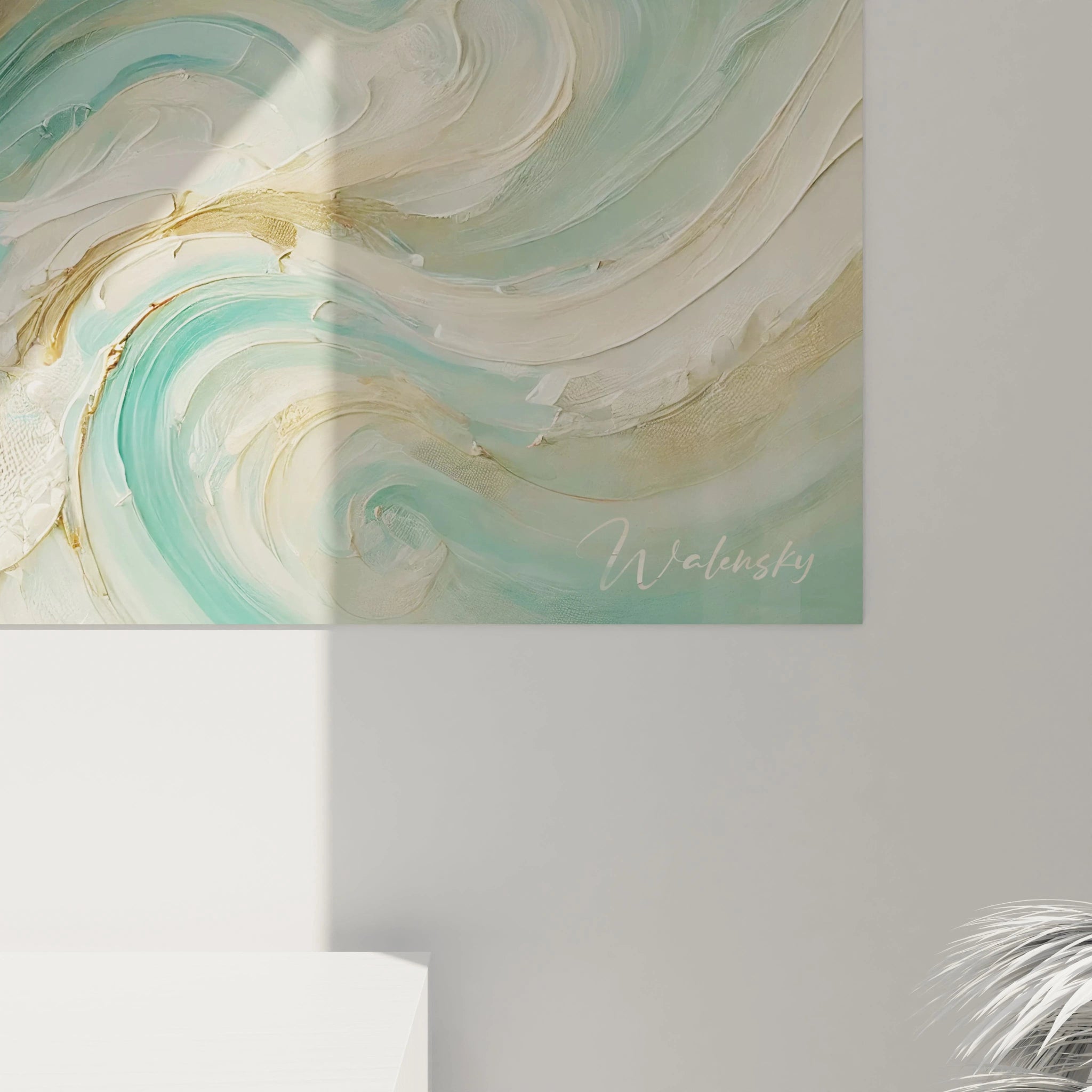 Vue rapprochee du tableau loutre, les details subtils des vagues et des traits de l'animal se devoilent. L'harmonie entre les tons beige et bleu apporte une energie douce a votre espace.