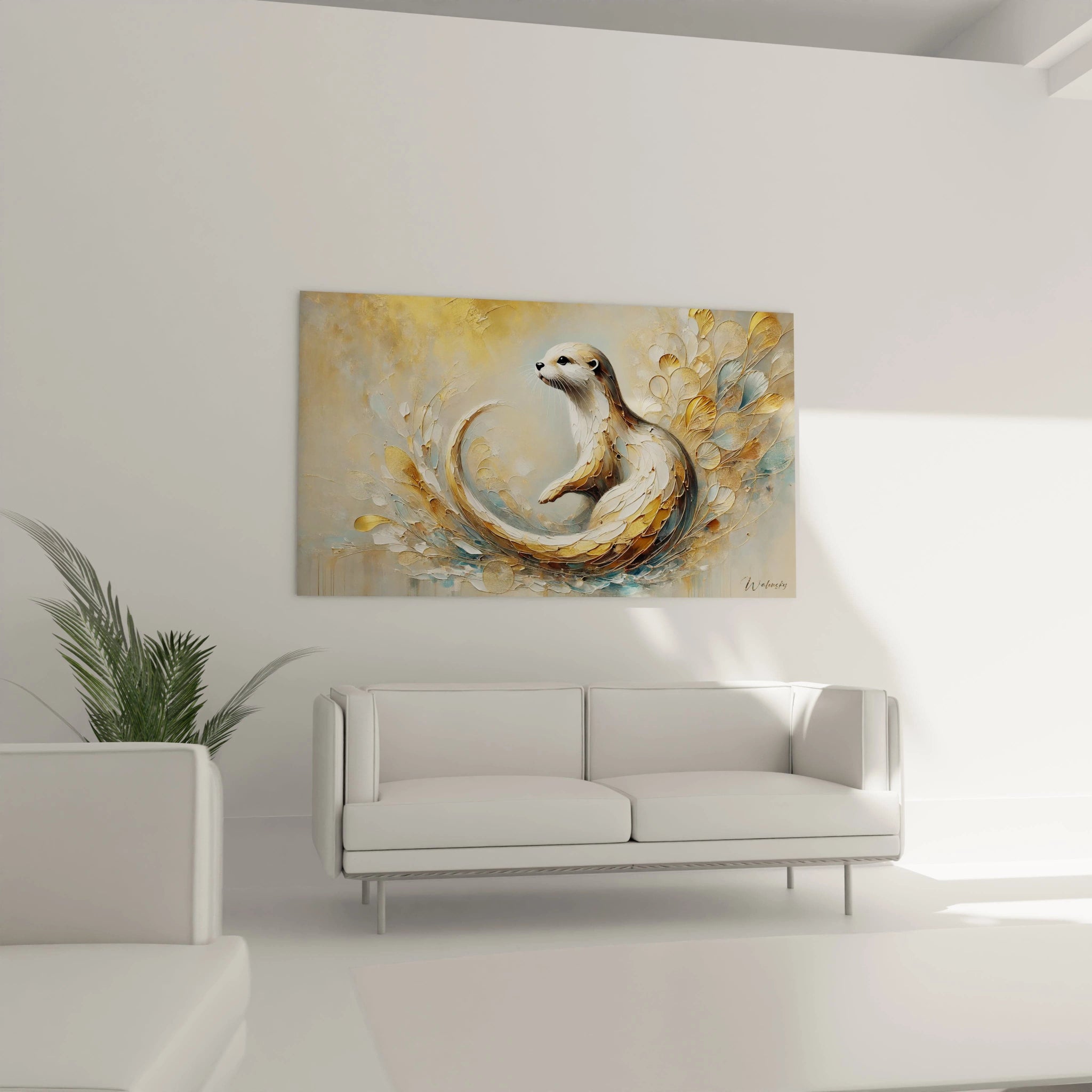 Ce tableau loutre au-dessus du canapé transforme votre salon avec son mouvement organique. Un mélange de textures et de couleurs qui évoque calme et élégance naturelle.