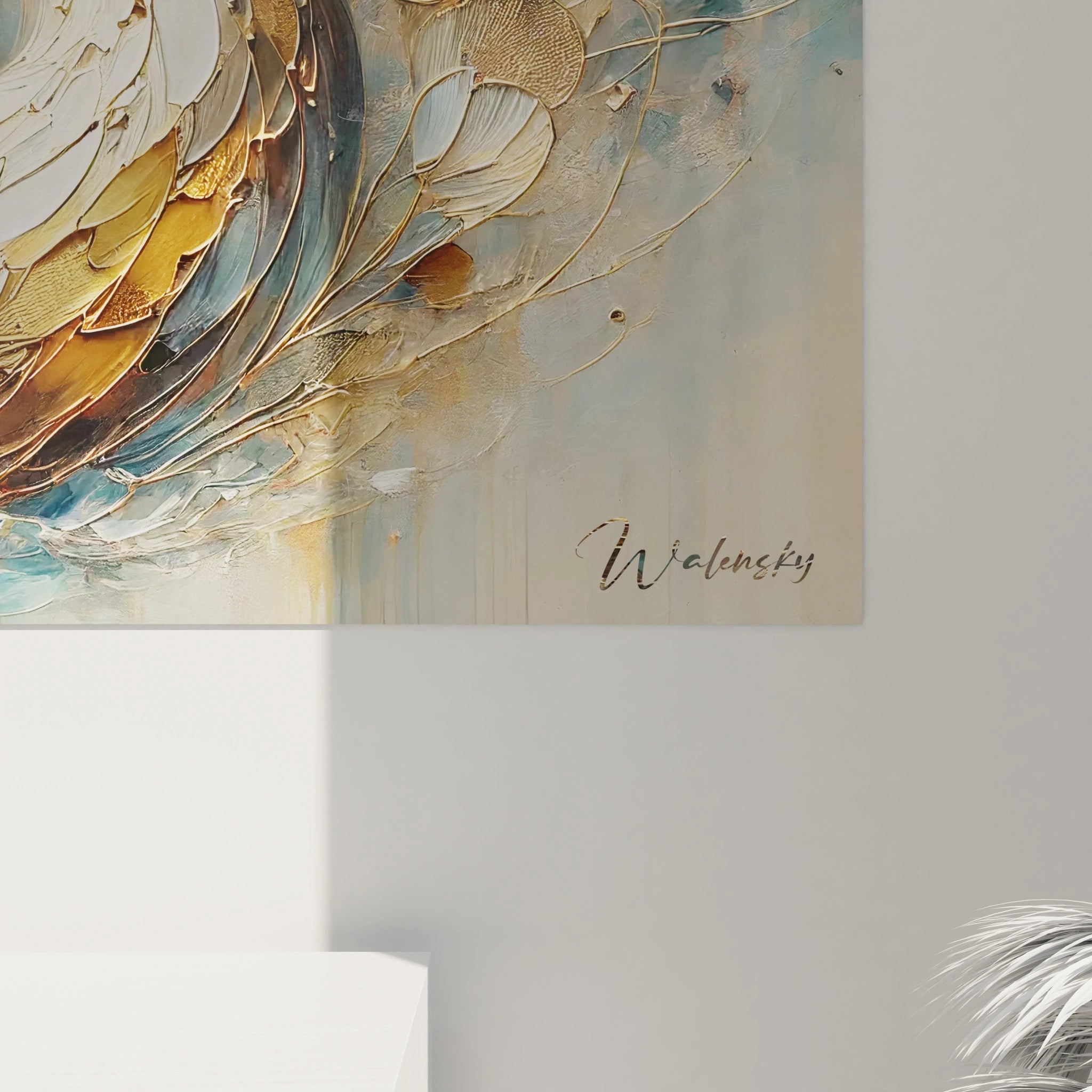 Découvrez de près le tableau loutre et ses détails minutieux. La texture de la peinture et les motifs abstraits apportent profondeur et sérénité.