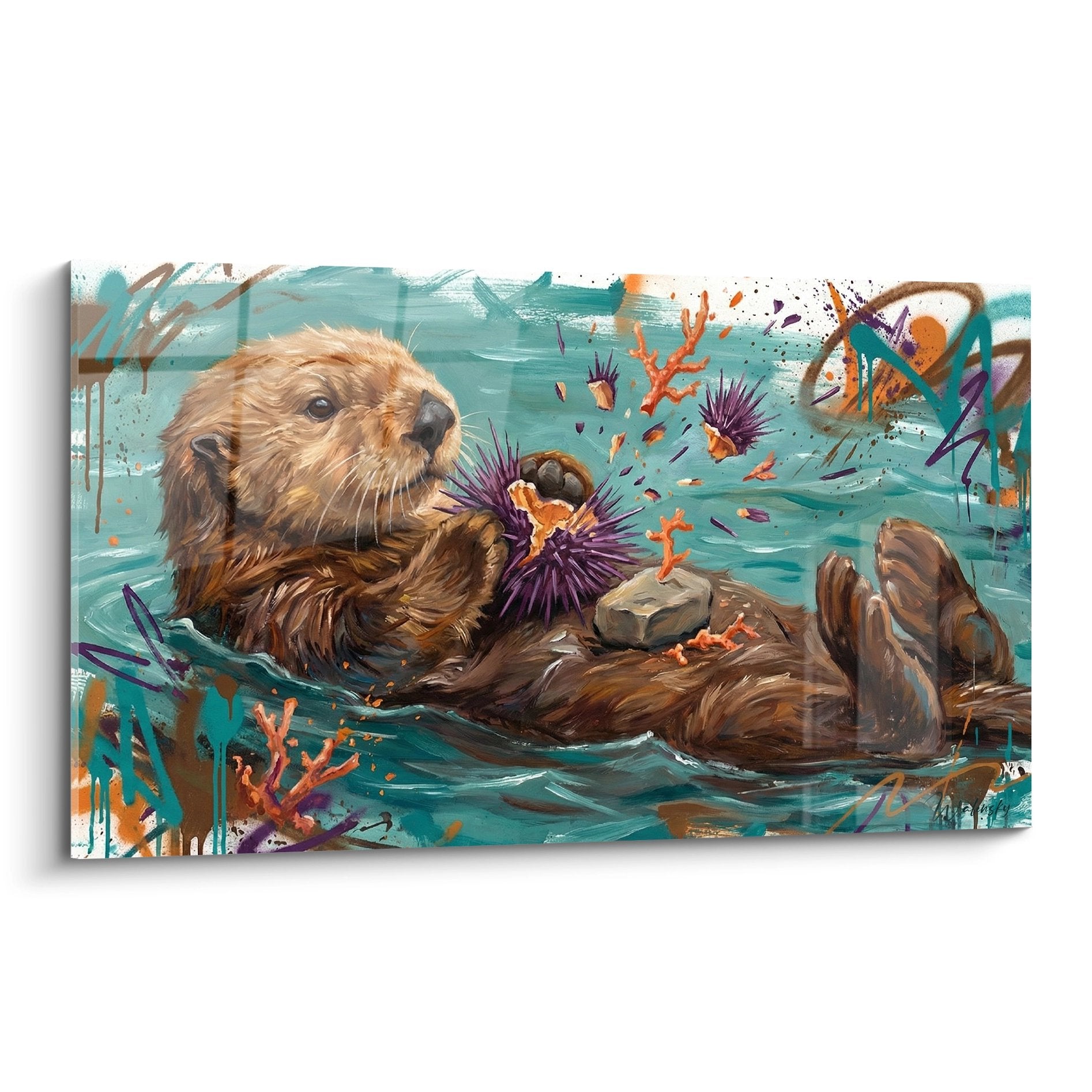 Tableau loutre de mer tenant oursin violet sur fond turquoise avec eclaboussures orange art marin contemporain