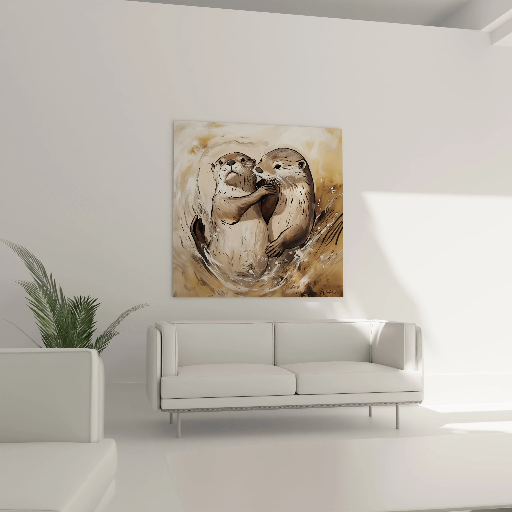 Tableau loutre Walensky représentant deux loutres enlacées dans un cadre moderne au-dessus d'un canapé blanc