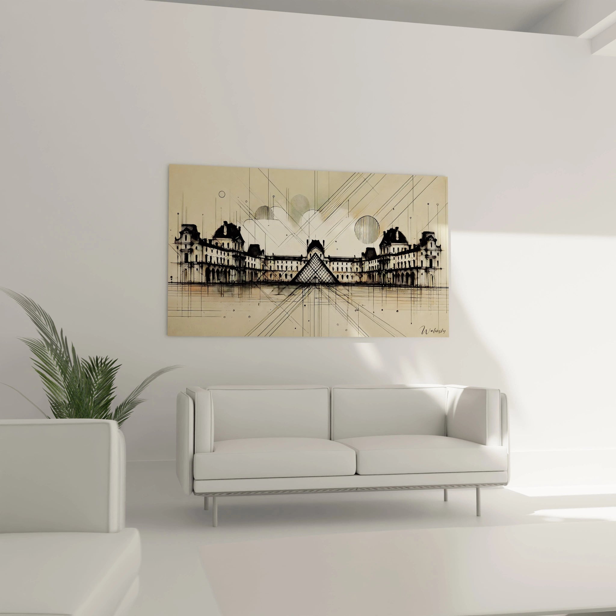 tableau Louvre au-dessus d’un canapé illumine le salon avec sa fusion d’architecture classique et moderne. La pyramide centrale et les lignes épurées captivent et rehaussent l’espace avec raffinement.