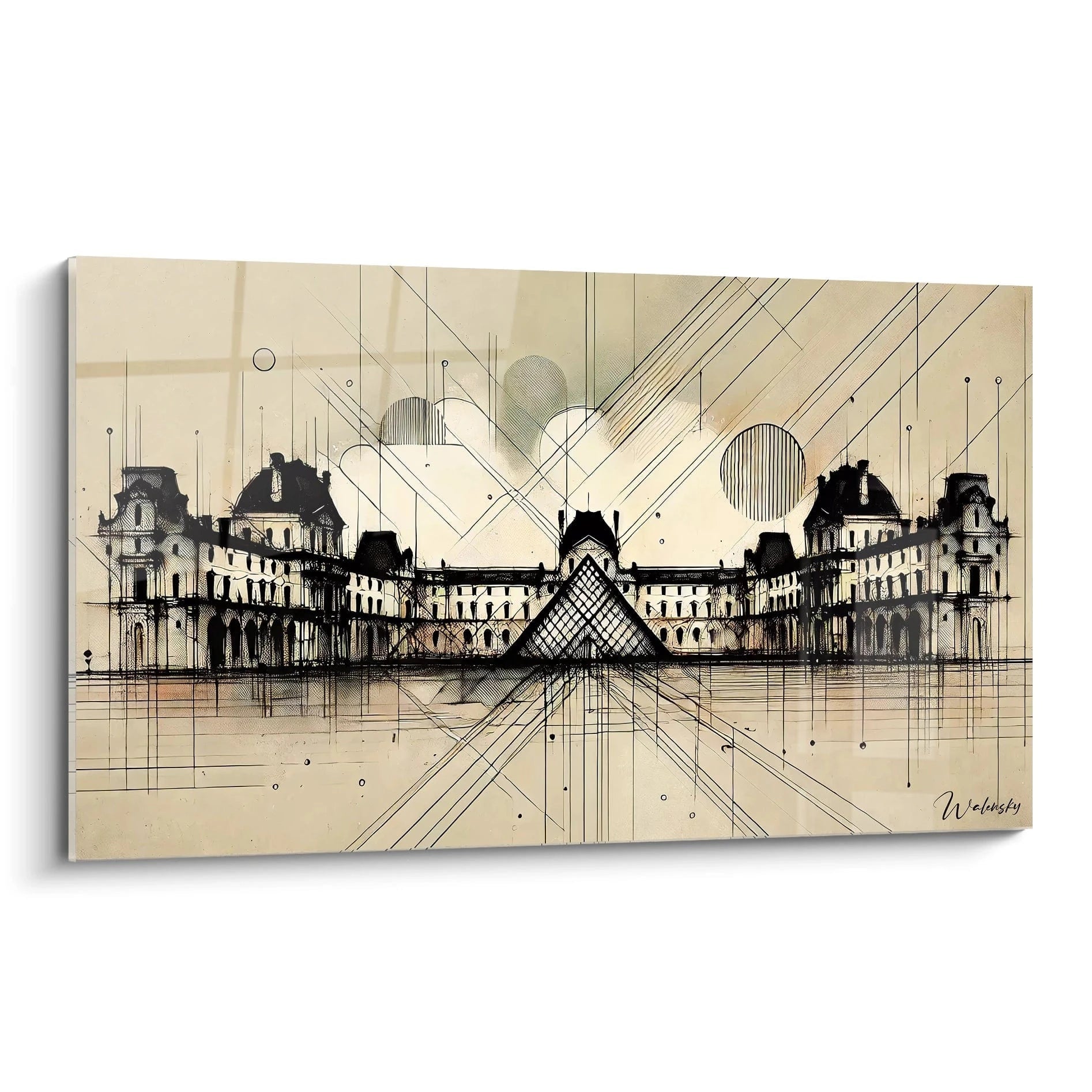 tableau Louvre vu de biais révèle des lignes géométriques nettes et des teintes sobres beige noir et argent. La pyramide en verre illumine l’œuvre avec un style architectural intemporel et audacieux.