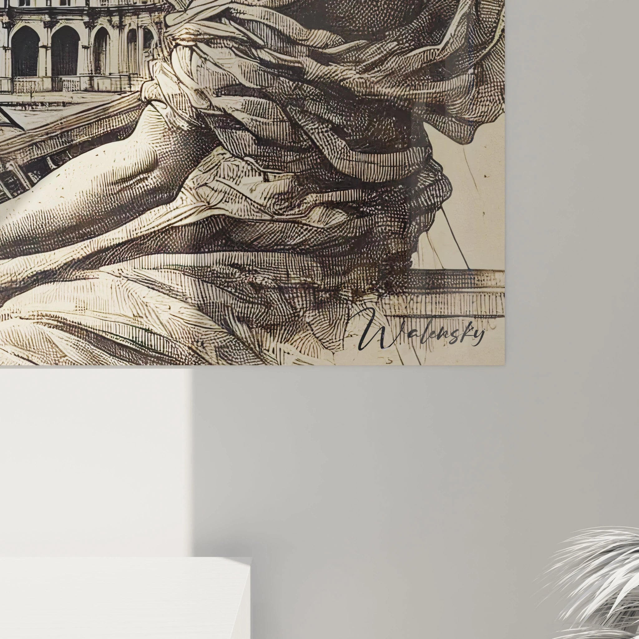 Vue rapprochée tableau Louvre révèle des ombrages subtils et des motifs géométriques. La pyramide et les détails des façades offrent une profondeur captivante et une narration visuelle unique.