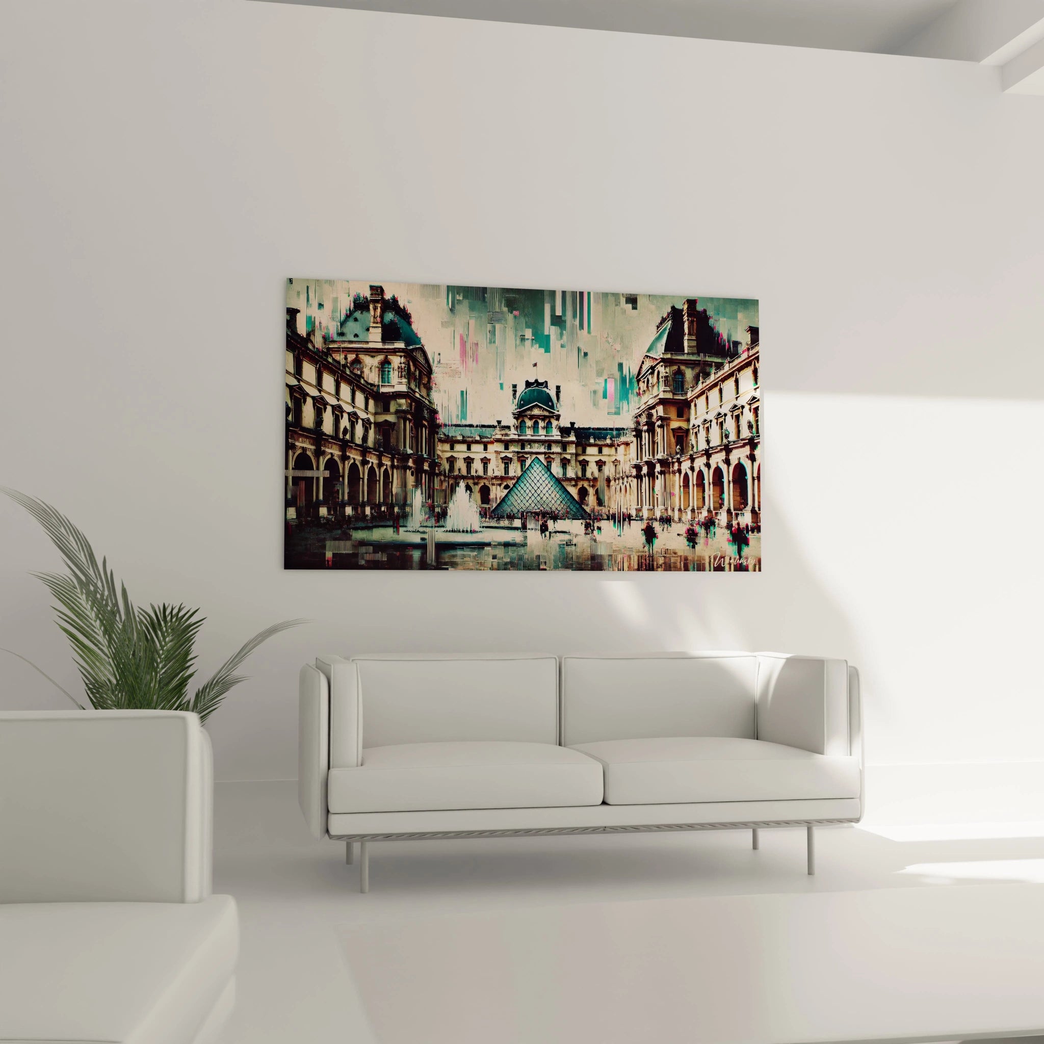 tableau Louvre dans un salon au-dessus du canapé devient un point focal saisissant. La fusion de lignes classiques et modernes, enrichie de reflets vibrants, dynamise l’espace avec élégance.