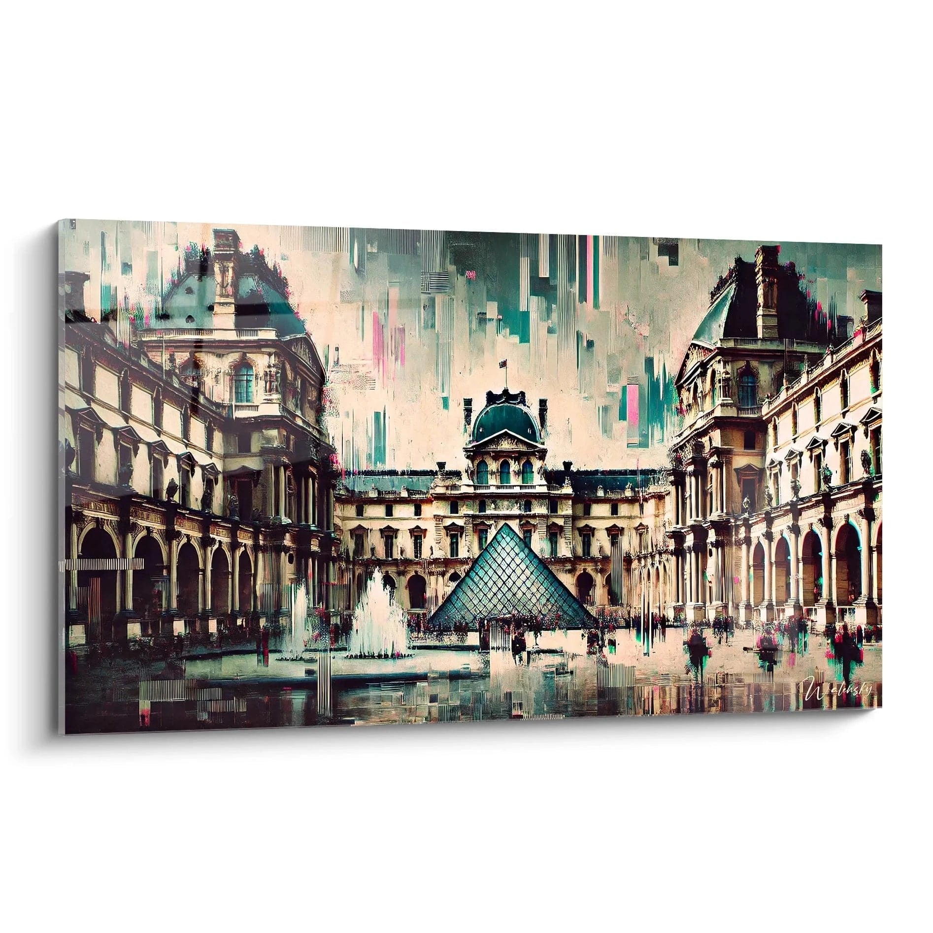 tableau Louvre vu de biais révèle la pyramide de verre avec des reflets modernes en rose et bleu. Ses textures pixélisées contrastent avec l'élégance classique, offrant une vision dynamique du patrimoine.