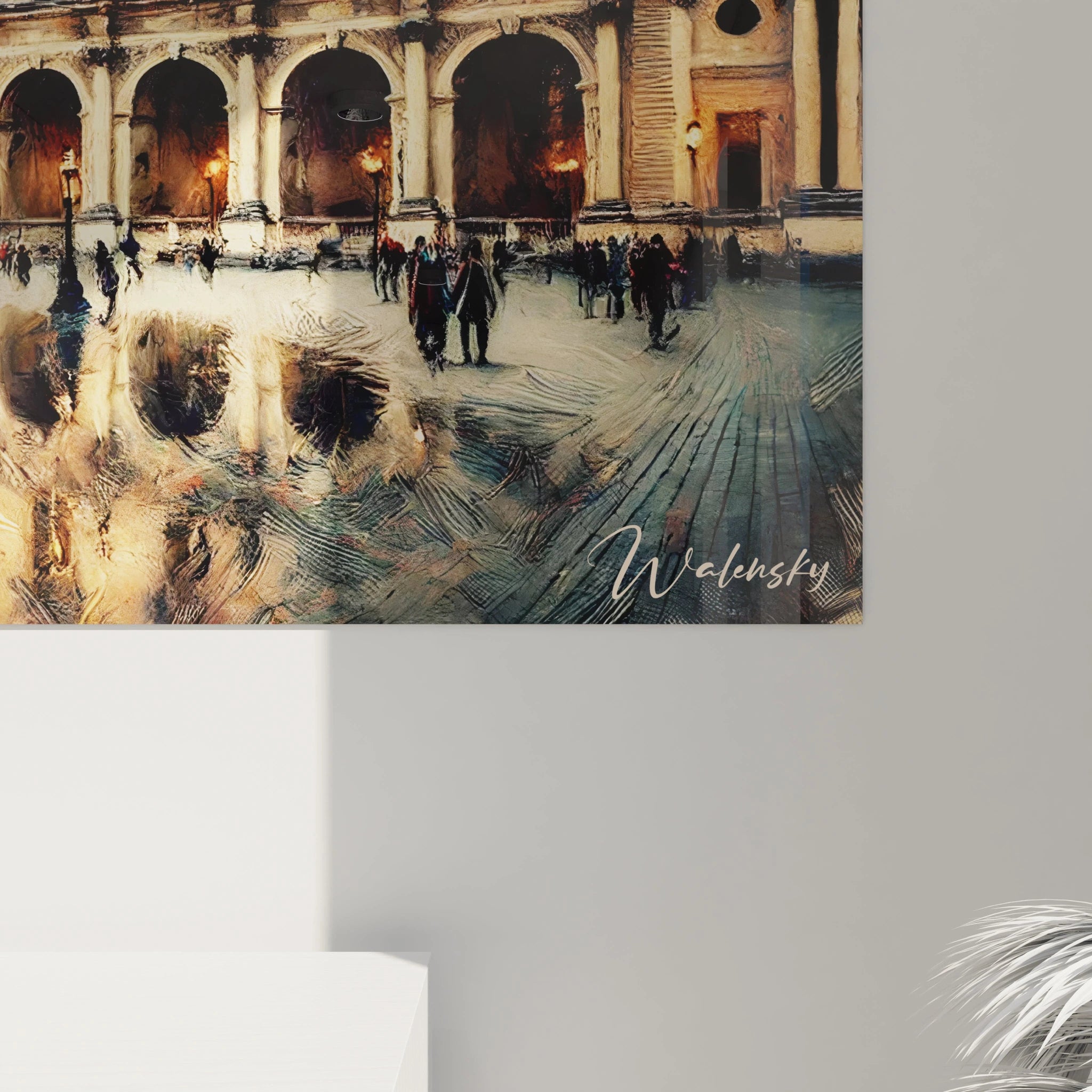 Vue rapprochée tableau Louvre révèle des détails impressionnistes avec des textures vibrantes. Les contrastes subtils entre les tons chauds et froids subliment l’architecture emblématique.