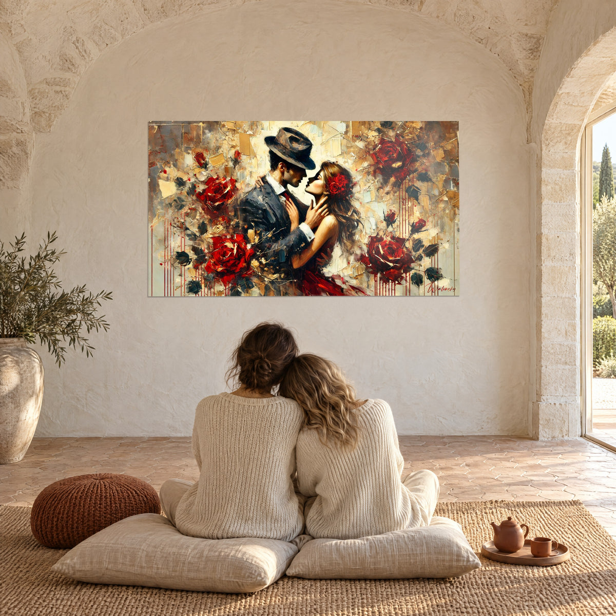 Wall art lovers with foreheads almost touching, beige and carmine relief painting, vaulted stone wall of a Provençal farmhouse