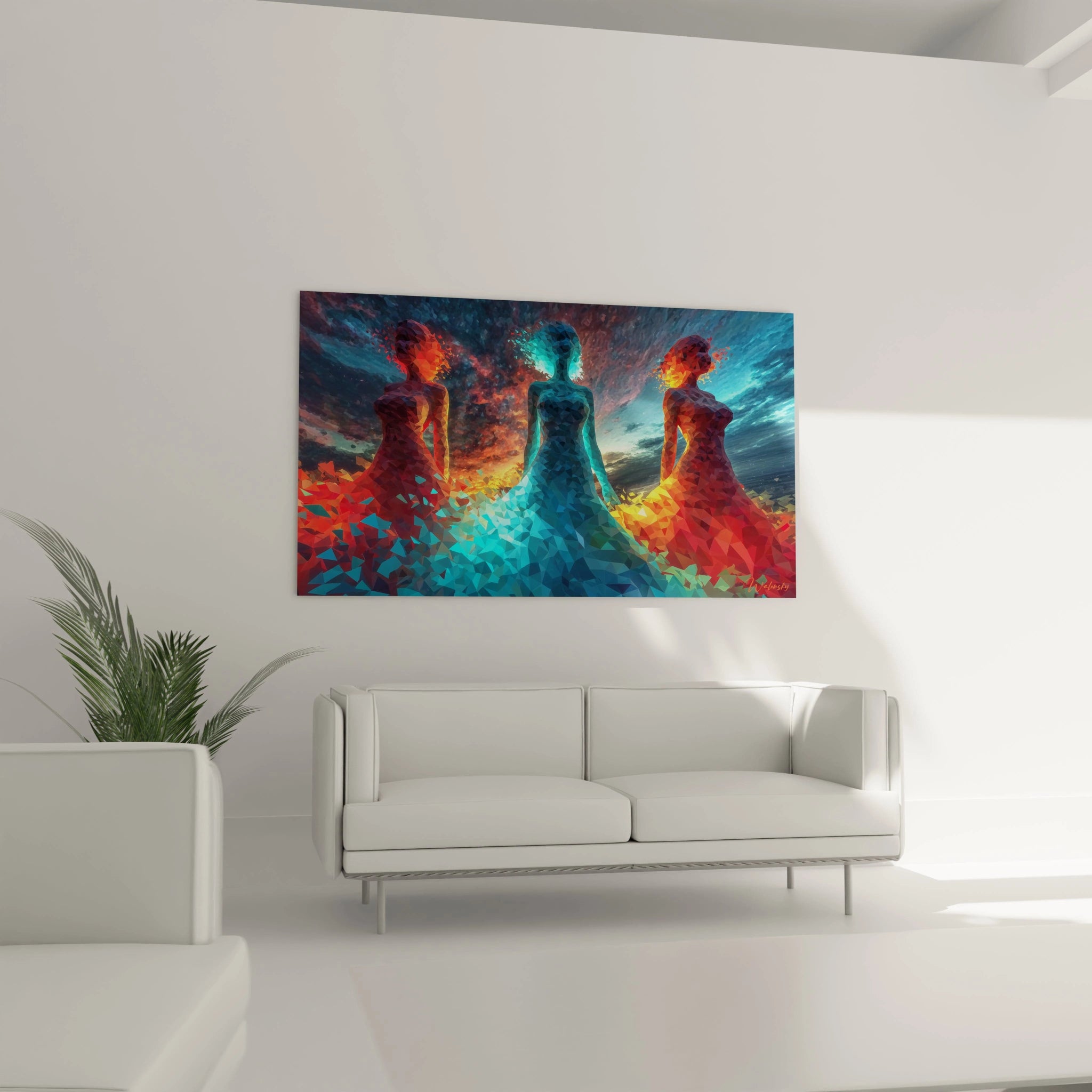 Tableau mural low-poly représentant trois silhouettes colorées dans un environnement vibrant