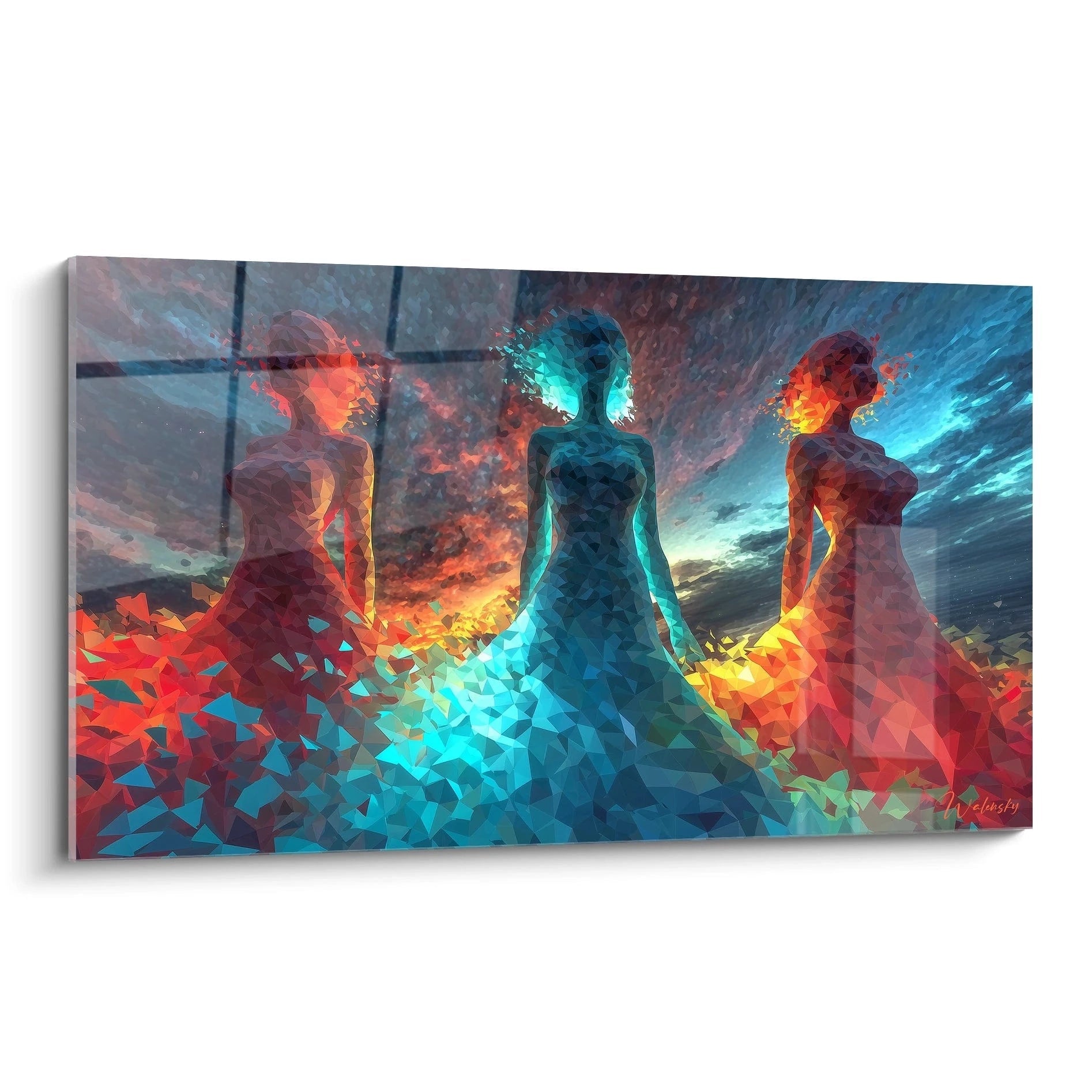 Tableau mural low-poly représentant trois silhouettes colorées dans un paysage abstrait dynamique