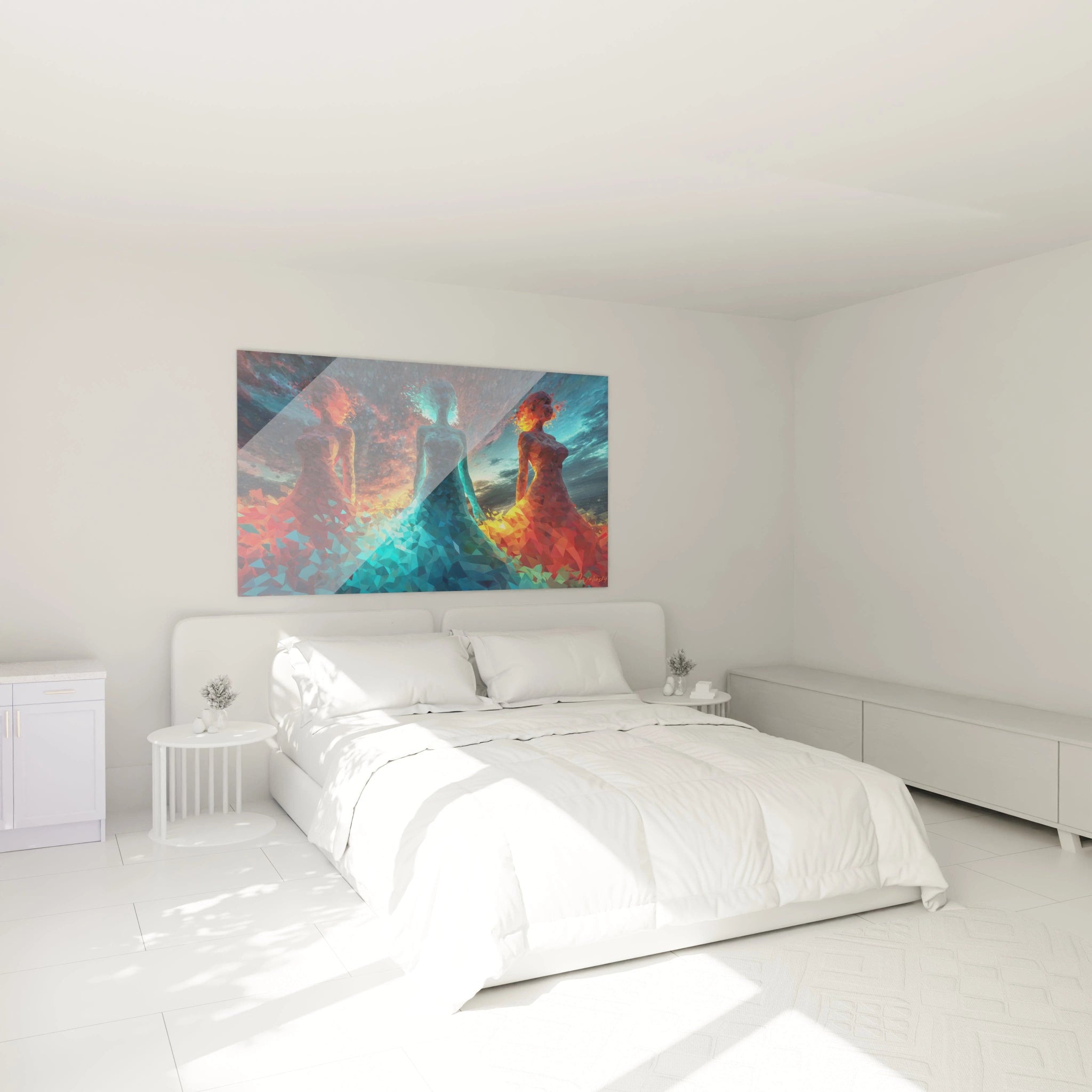 Tableau mural low-poly coloré représentant des robes élégantes dans une chambre moderne