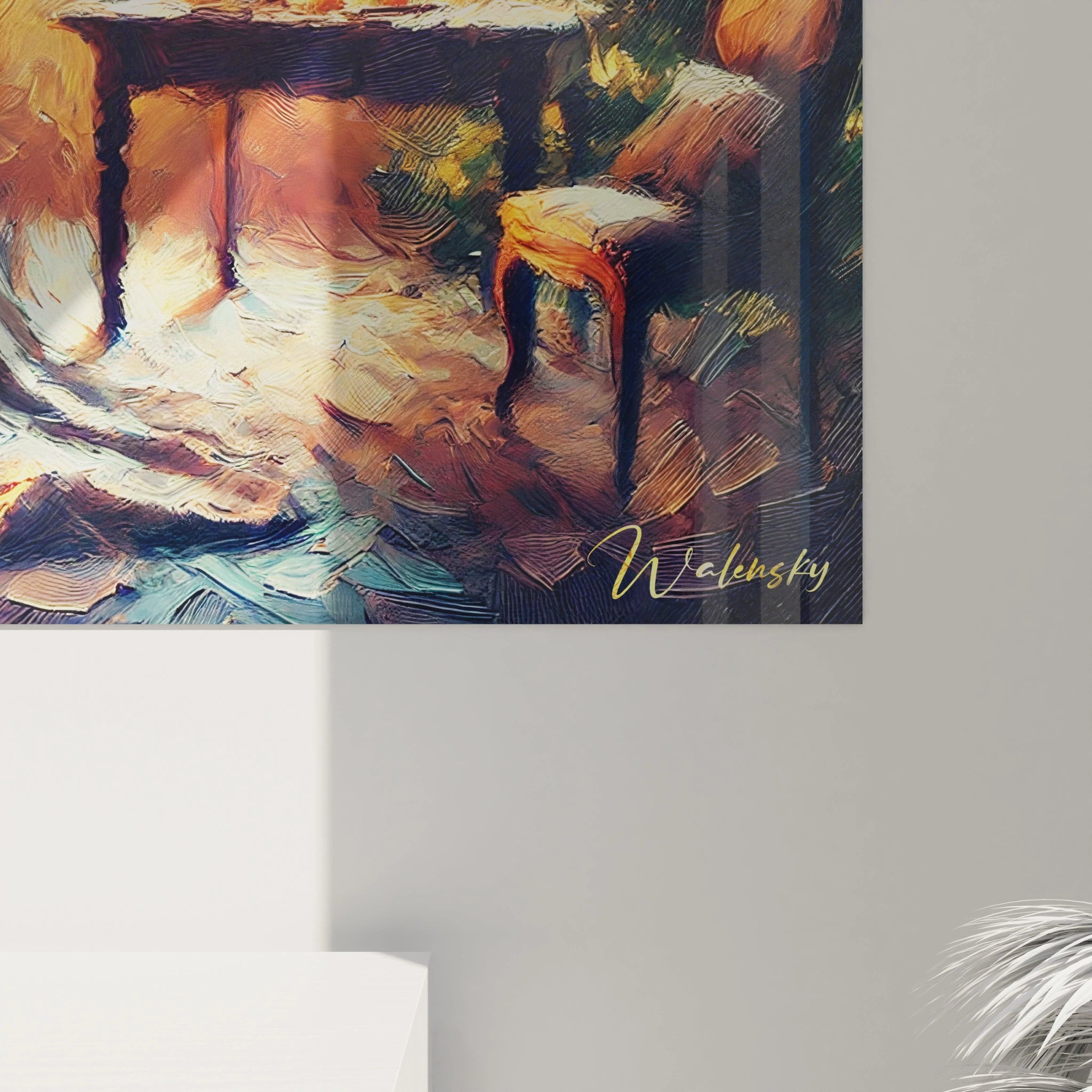 Admirez les détails impressionnants de ce tableau romantique de près, des couleurs chaleureuses aux ombres délicates, évoquant confort et complicité.