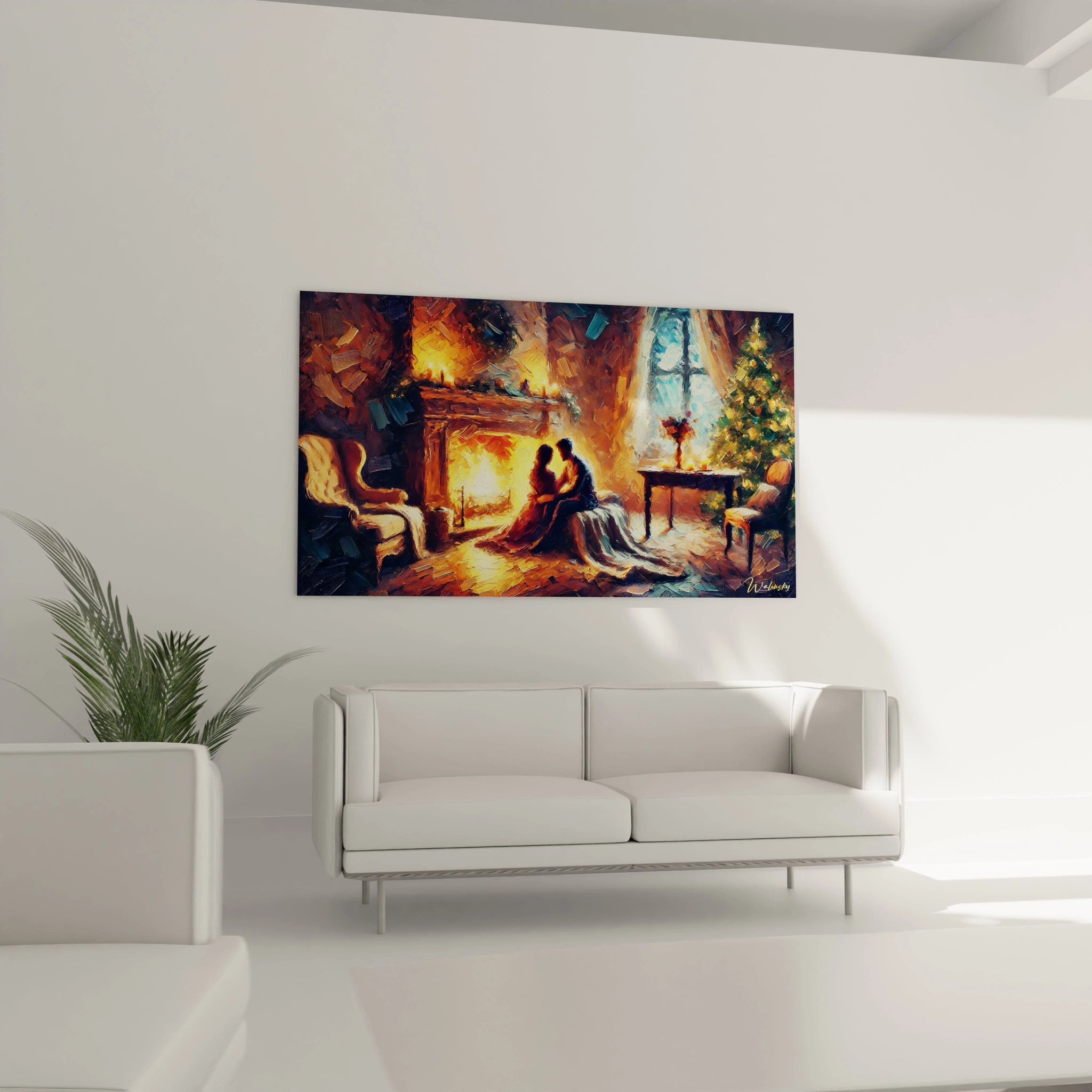 Apportez une touche de convivialité à votre salon avec ce tableau romantique placé au-dessus du canapé, idéal pour réchauffer votre décoration intérieure.