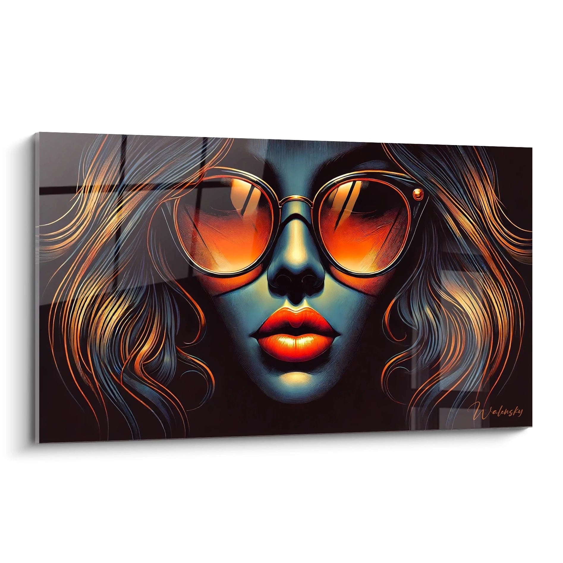 "Tableau en verre acrylique Pop Art / Rétro, vue de biais, affichant des couleurs vives et des motifs rétro distinctifs. Art mural moderne pour décoration intérieure."