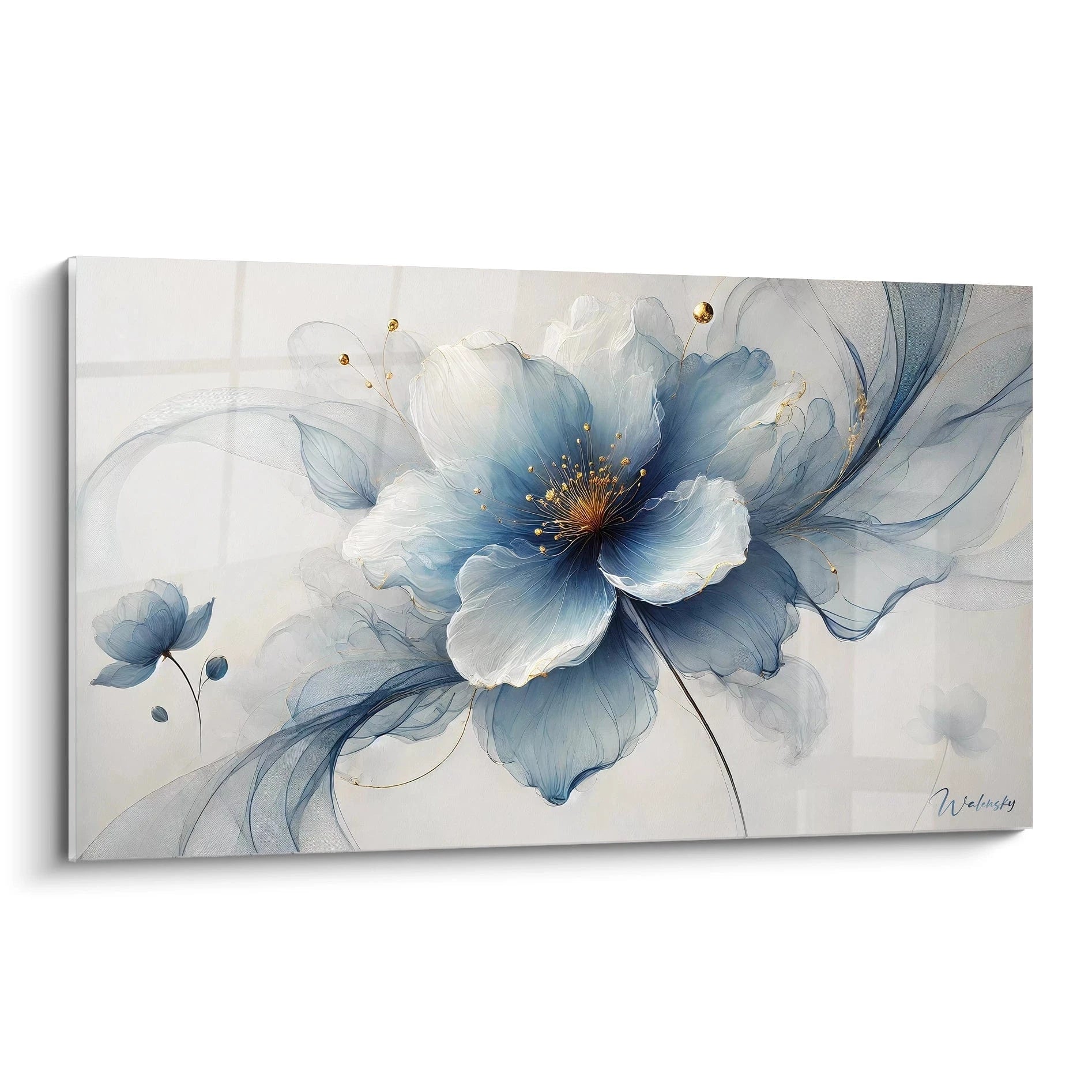 Un tableau nommĂ© "Lueur de Soie" vue de biais. Les pĂ©tales bleus et semi-translucides flottent avec des dĂ©tails dorĂ©s qui ajoutent de l'Ă©lĂ©gance et du luxe Ă ce chef-d'Ćuvre artistique floral.