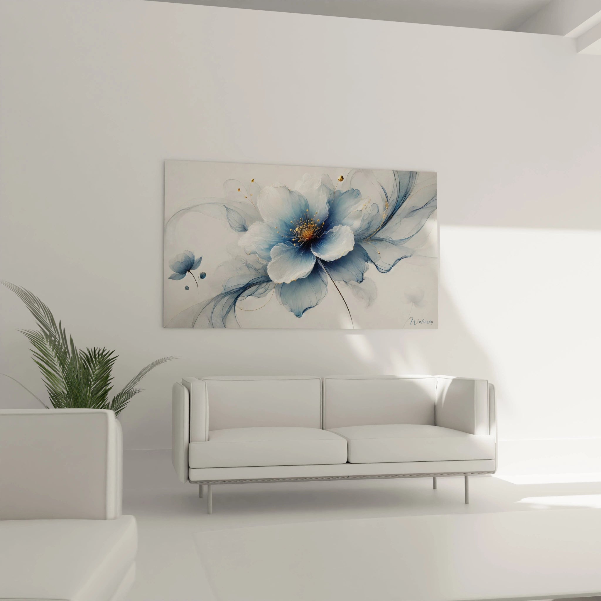 Tableau "Lueur de Soie" dans un salon. Ses pétales bleus délicats et semi-translucides flottent au-dessus du canapé, apportant une touche d'élégance et de tranquillité à l'espace.