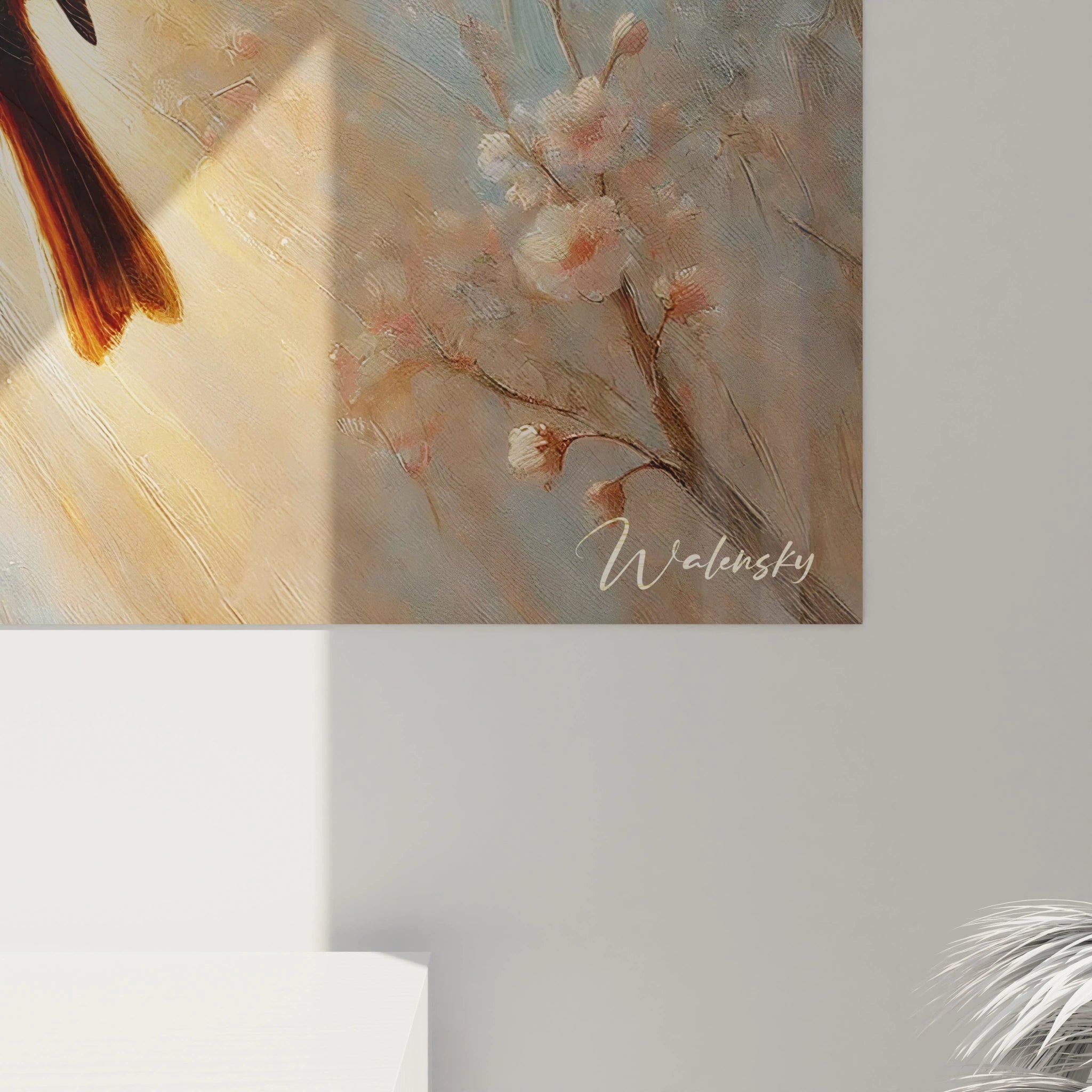 Admirez de près ce tableau oiseaux, où chaque détail, des pétales roses aux plumes dorées, est minutieusement peint. Une œuvre captivante qui évoque le calme et la beauté éphémère de la nature.