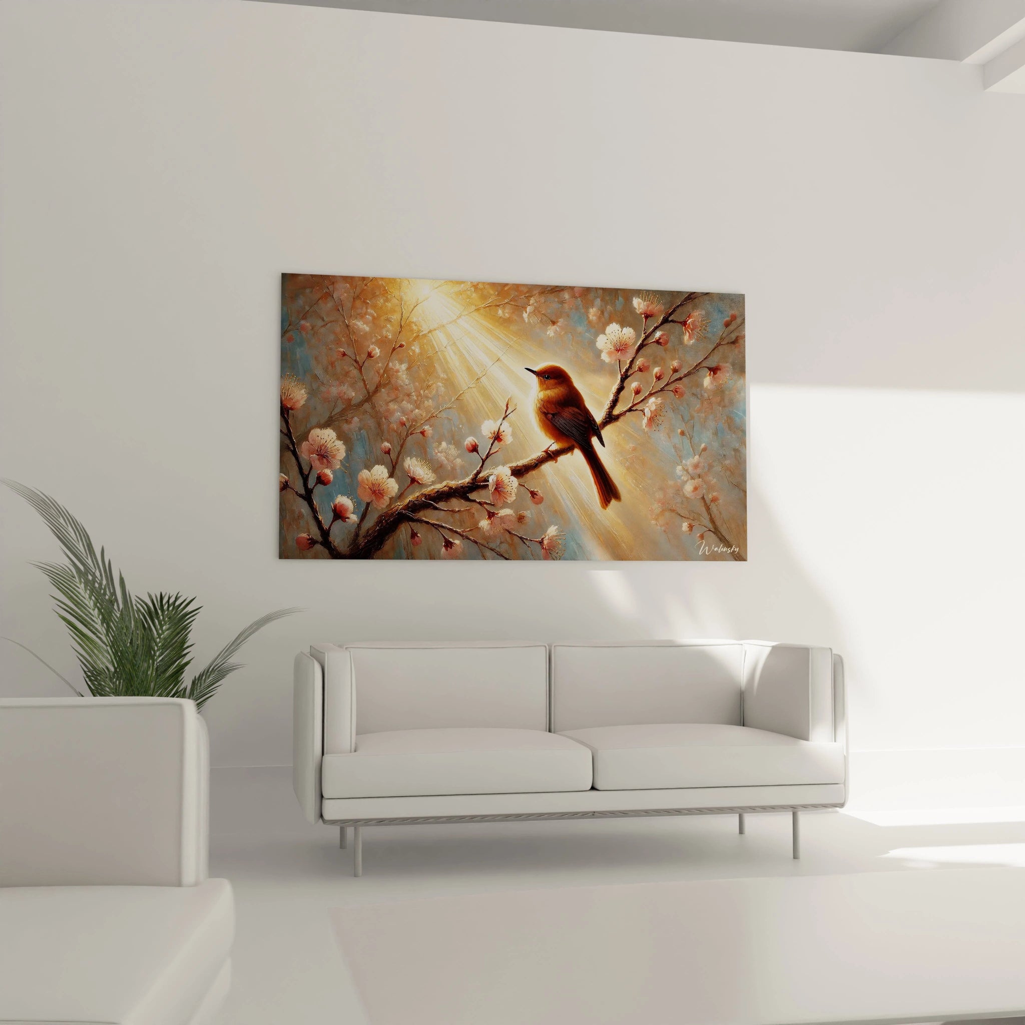 Sublimez votre salon avec ce tableau oiseaux accroché au-dessus du canapé. Les détails des fleurs de cerisier et la lumière dorée réchauffent l’espace, créant une atmosphère naturelle et sereine.