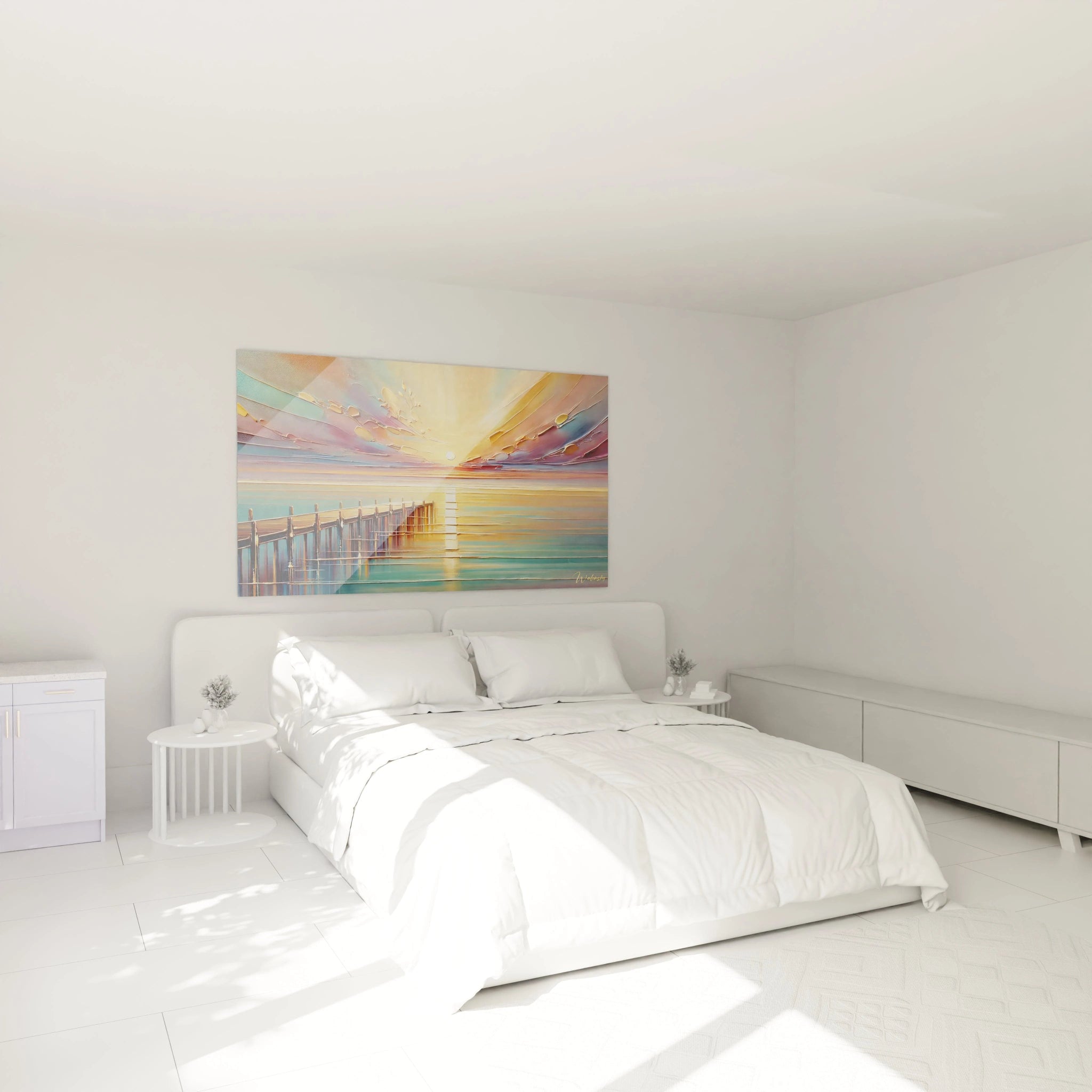 Le tableau Coucher de Soleil apporte une touche contemporaine à votre chambre. Accroché au-dessus du lit, il crée une atmosphère apaisante et élégante, idéale pour vos nuits.