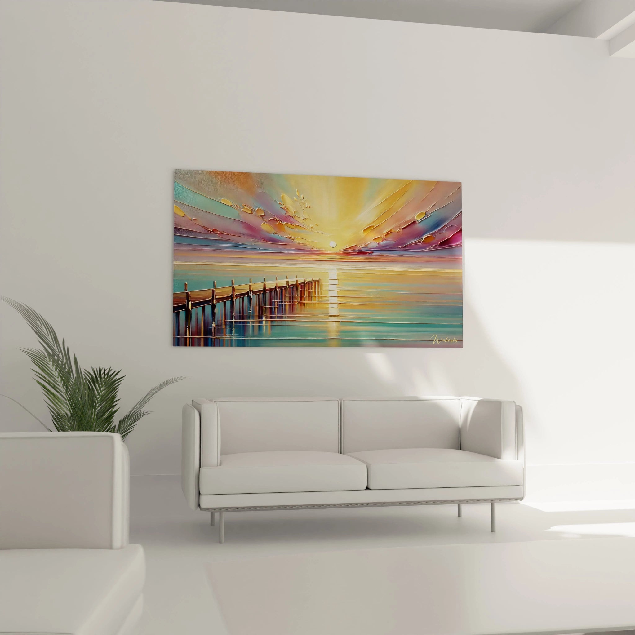 Sublimez votre salon avec ce tableau Coucher de Soleil, installé au-dessus du canapé. Ses teintes chaudes et son ambiance sereine transformeront votre espace en un havre de paix.