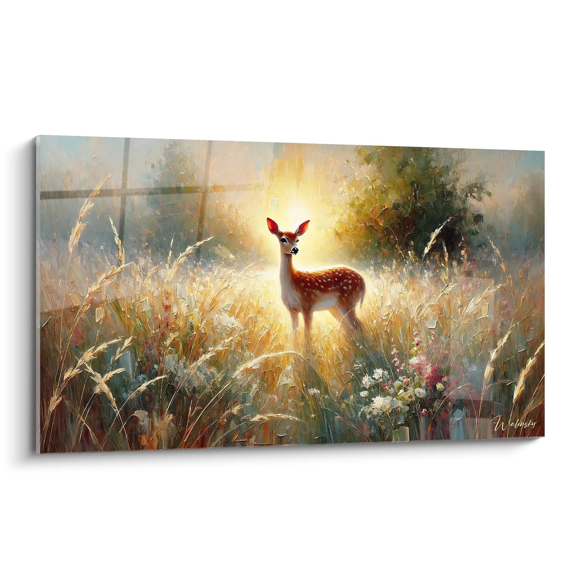 Admirez ce tableau biche avec une perspective de biais. La lumière dorée éclaire la jeune biche au cœur d'un champ vibrant, créant une atmosphère apaisante et naturelle.
