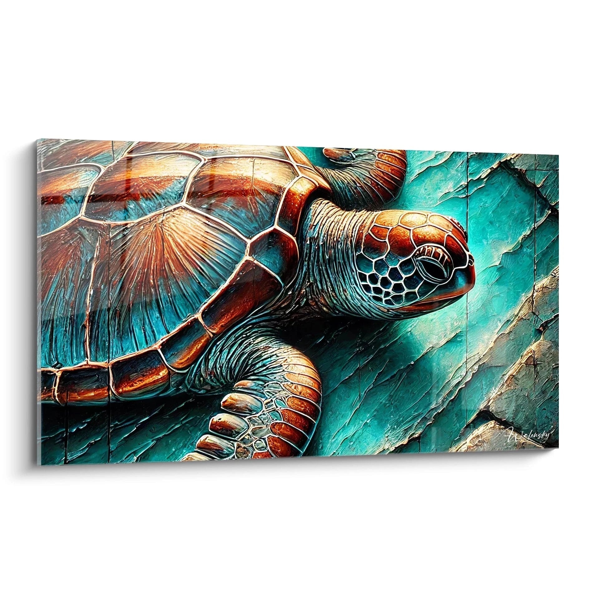Ce tableau tortue de mer presente une vue de biais qui met en valeur les details saisissants de la carapace et les teintes oceaniques. Une representation realiste qui illumine n'importe quel espace interieur.
