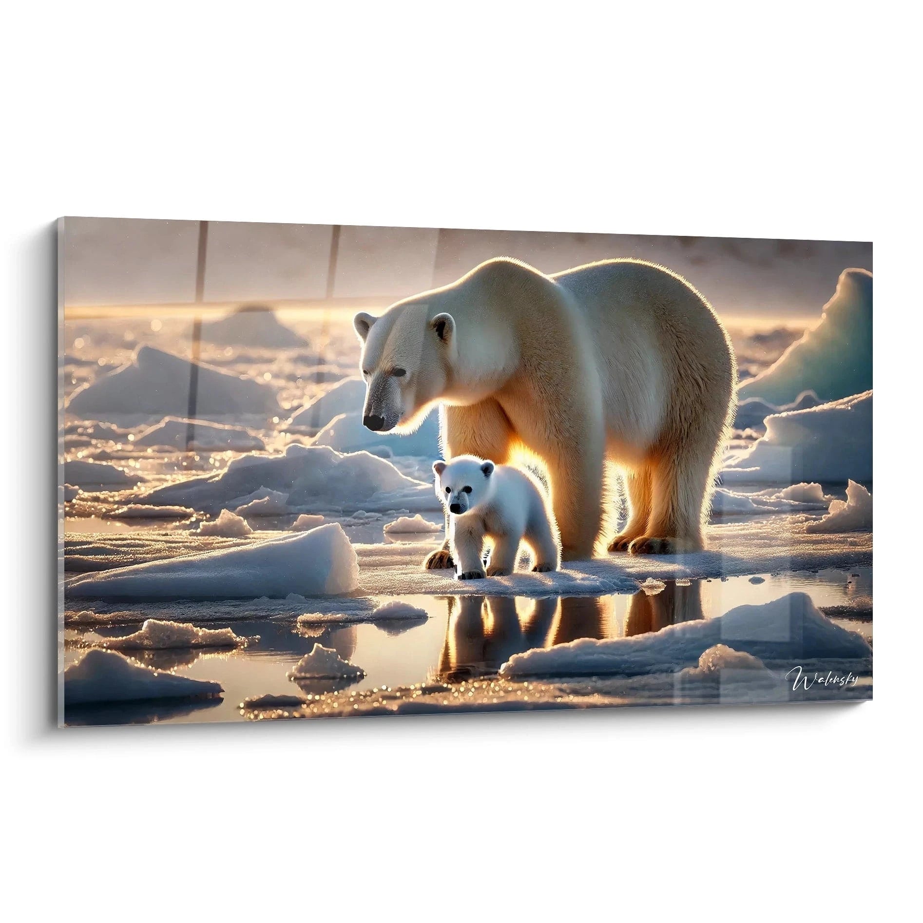 Ce tableau ours polaire présente une mère et son petit sous un soleil couchant doré. Il allie tendresse et majesté pour sublimer votre décoration. Parfait pour une ambiance naturelle.