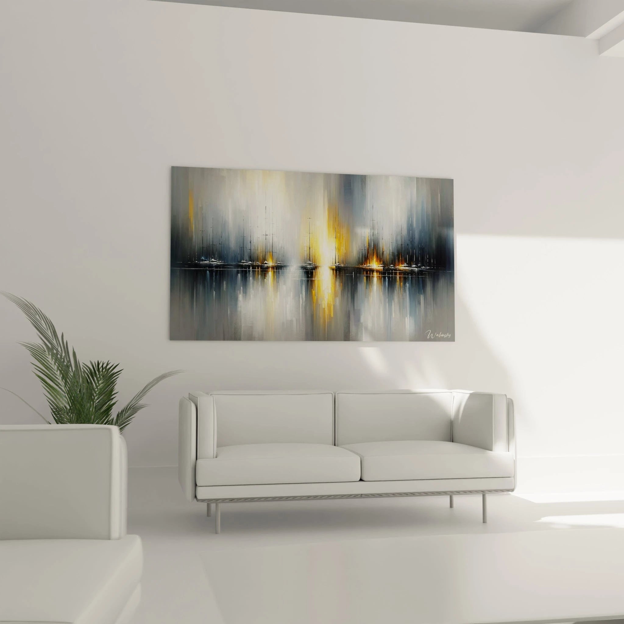 Un tableau abstrait d'horizon marin avec voiliers schématisés. Les couleurs principales sont gris acier, blanc ivoire, or brillant et ocre. La texture montre des lignes verticales fines et des applications de peinture en couches translucides créant un effet de brouillard, avec une réflexion lumineuse centrale qui se diffuse sur la surface aquatique.