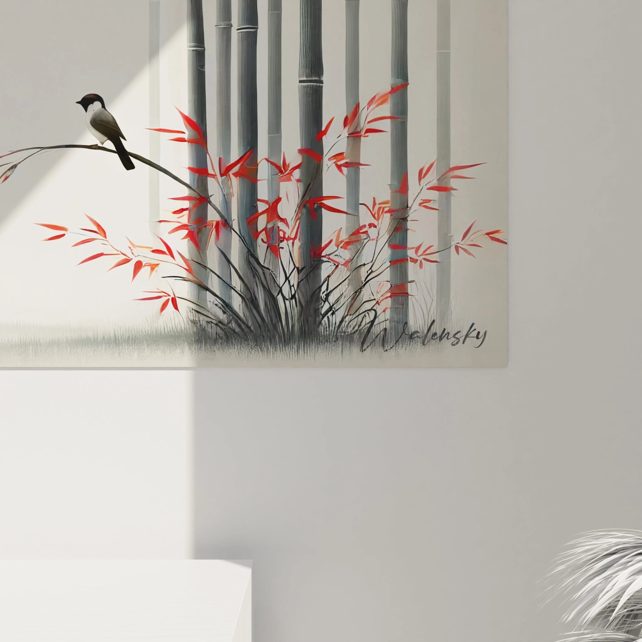 Une vue rapprochee de ce tableau zen revele la finesse des details et l equilibre parfait des elements, refletant une serenite inspiree de la nature et un contraste apaisant.