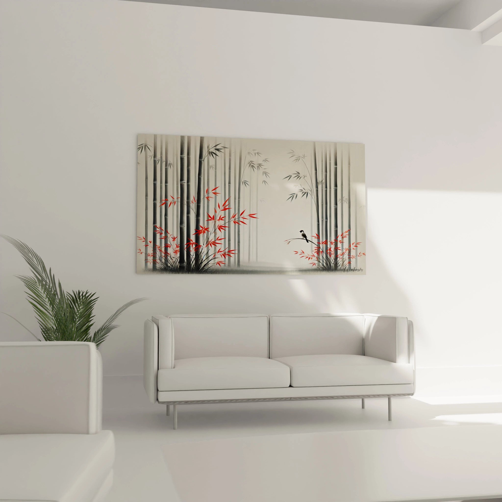 Place dans un salon au-dessus d un canape, ce tableau zen attire le regard et cree une harmonie naturelle, melant calme et energie grace a ses couleurs et son design epure.