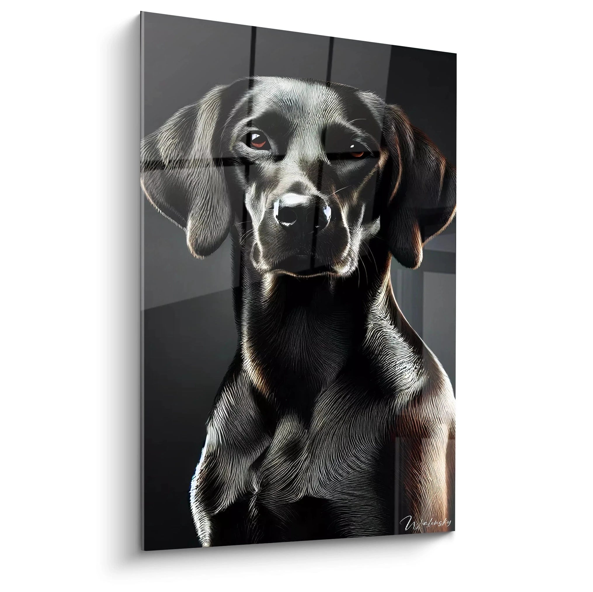 Découvrez ce tableau chien majestueux vu de biais, offrant un réalisme saisissant et une élégance unique. Parfait pour les amateurs d'art animalier moderne dans un intérieur sophistiqué.