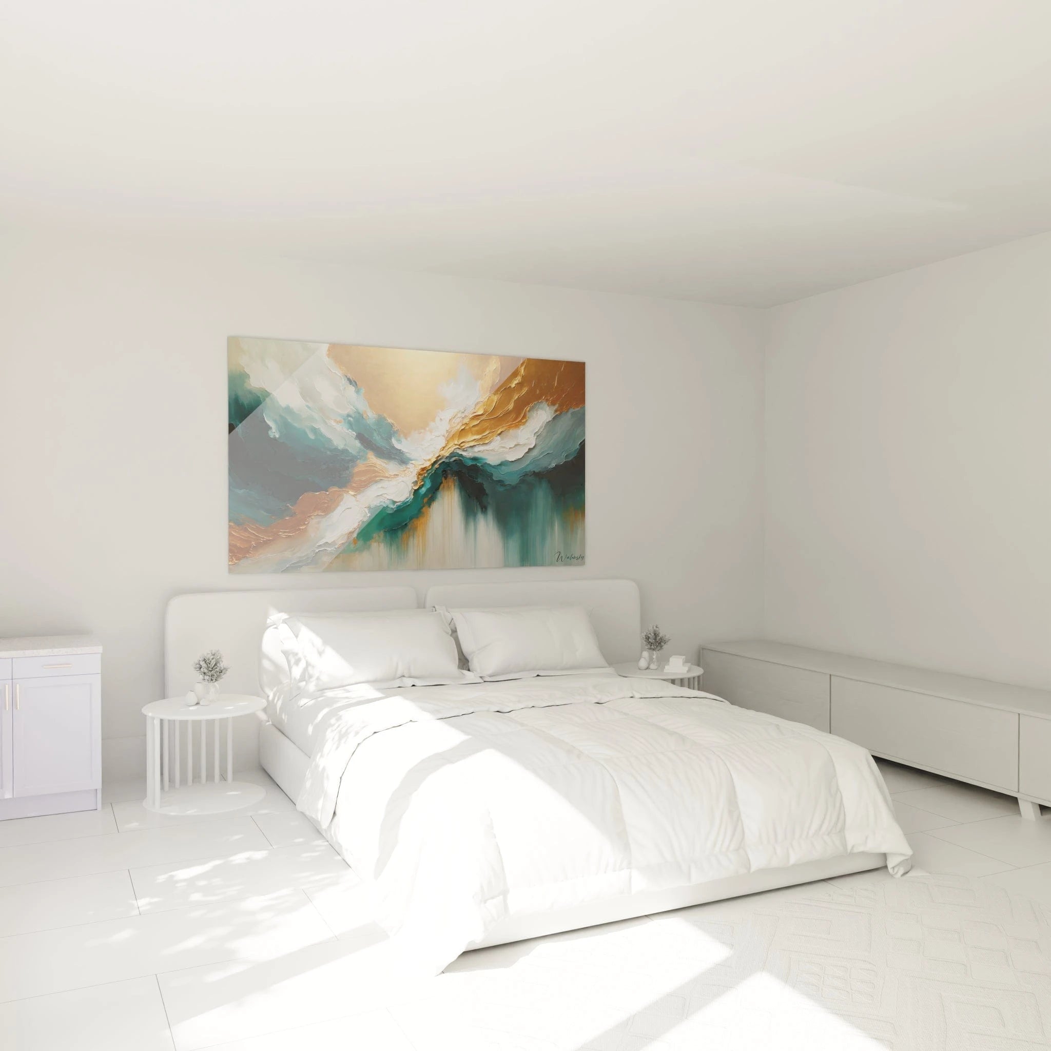 Un tableau abstrait de paysage cosmique en relief. La palette associe or cuivré, bleu-vert émeraude, blanc crémeux et bleu sarcelle. Les textures combinent épaisses applications de peinture à la spatule formant des crêtes et vallées texturées dans la partie haute, et zones plus diluées avec effets d'écoulement vertical dans le bas.