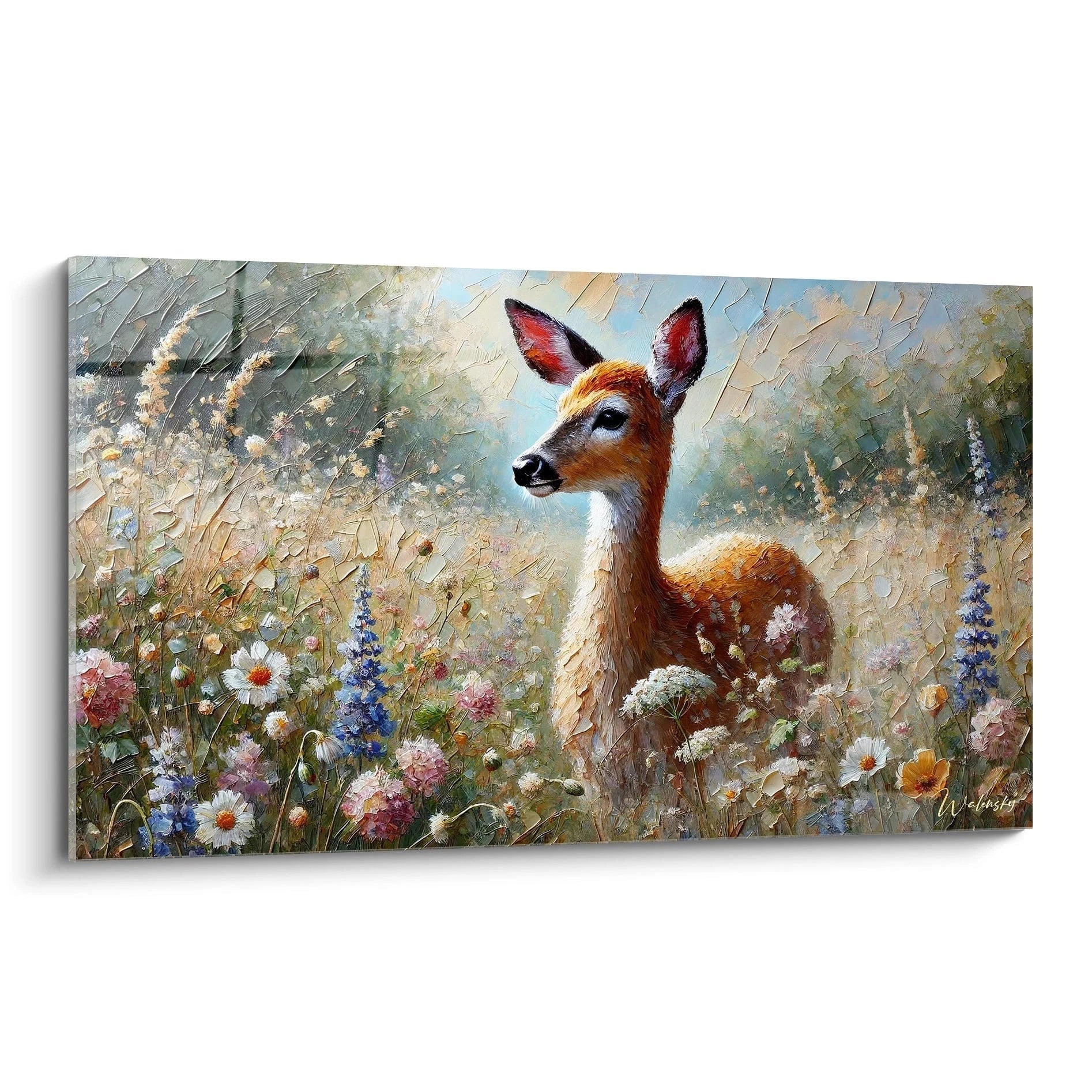 Ce tableau biche, vu de biais, révèle la grâce de cet animal parmi des fleurs éclatantes. La texture du pelage et les couleurs vibrantes créent une scène enchanteresse qui attire le regard.