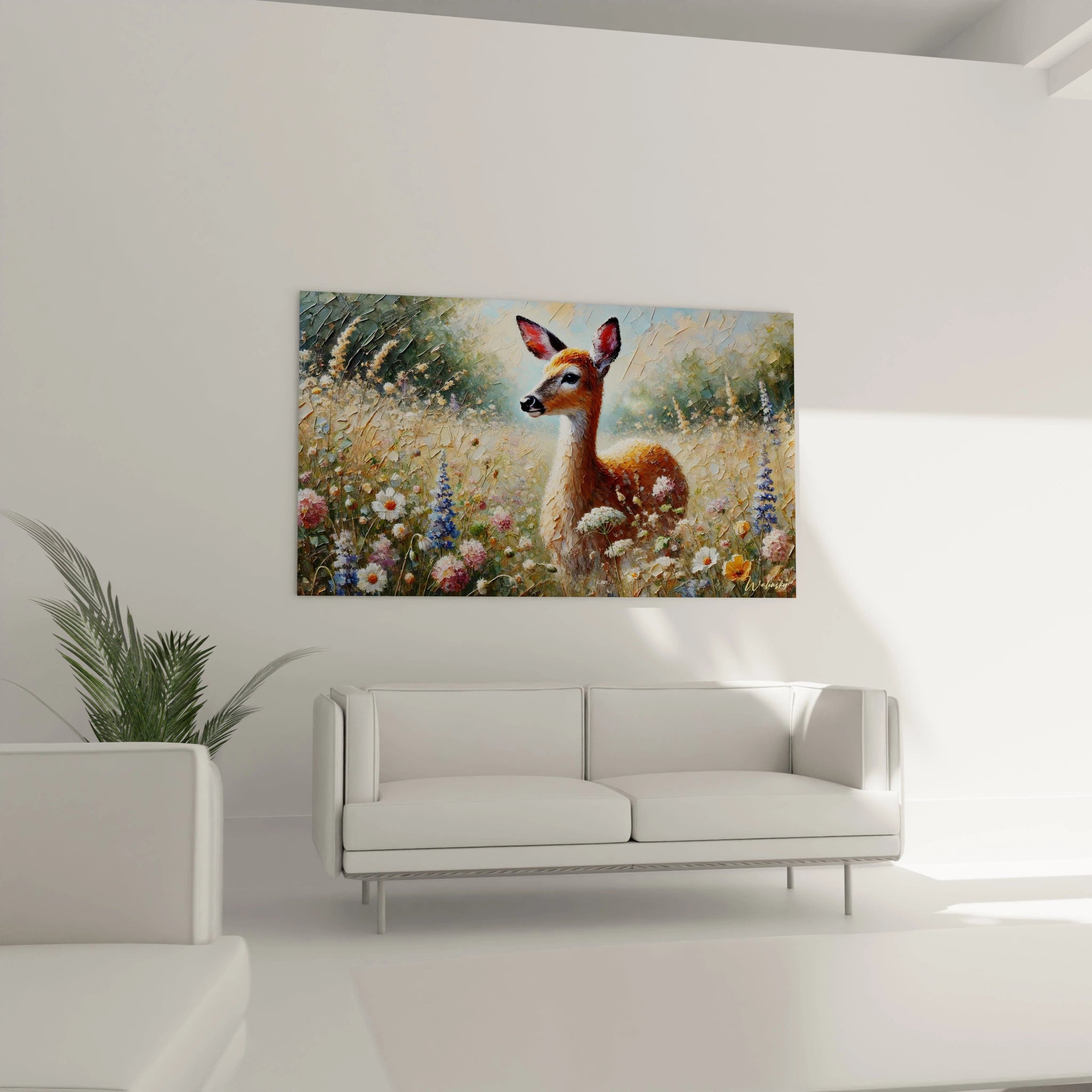 Dans le salon, ce tableau biche surplombe le canapé, ajoutant une dimension artistique. Les détails floraux et la palette douce créent une atmosphère accueillante et relaxante.