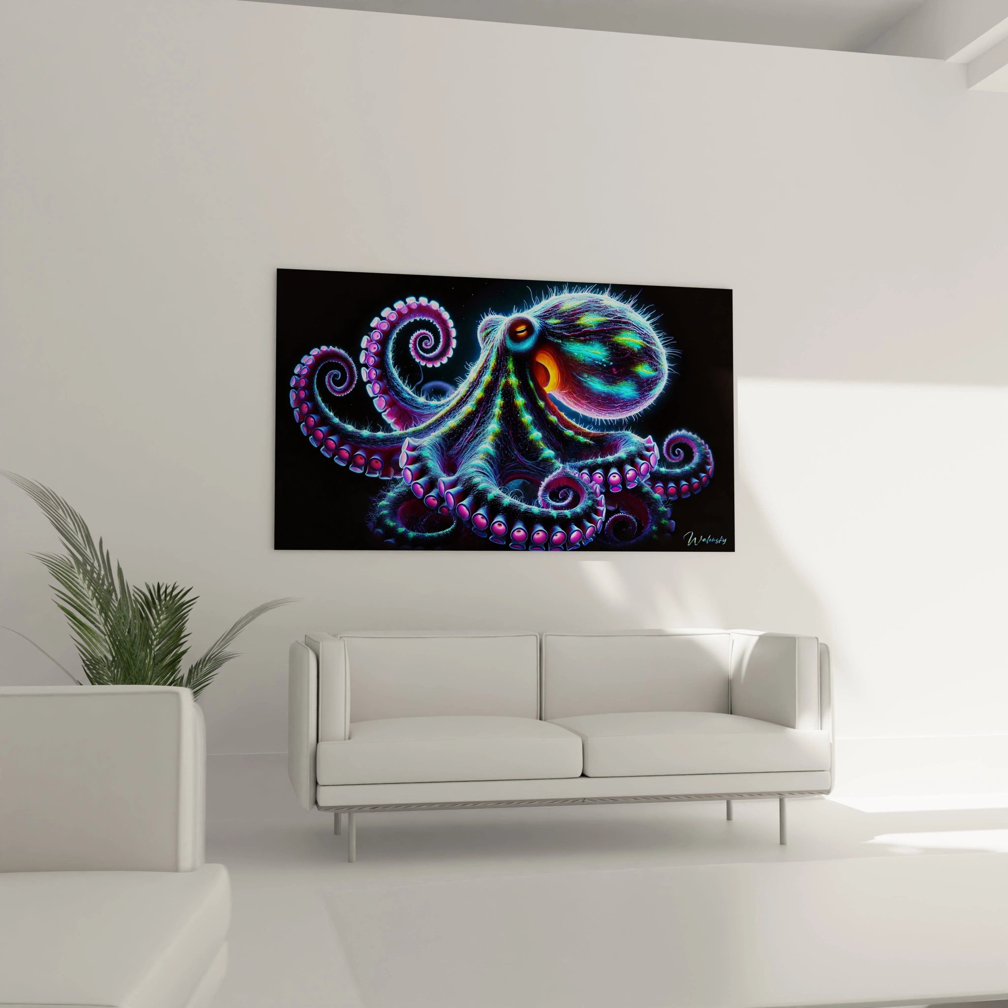 Parfait pour le salon, ce tableau poulpe accroché au-dessus du canapé attire tous les regards avec ses couleurs fluos et son design hypnotique, ideal pour donner du dynamisme a votre interieur.