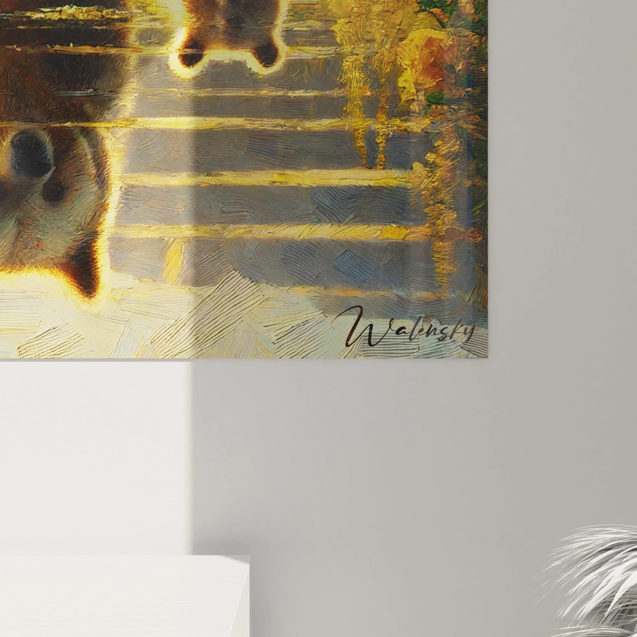 Le gros plan du tableau ours brun revele la texture riche de la peinture, accentuant la douceur de la fourrure des ours et l’eclat de la lumiere doree qui illumine la scene