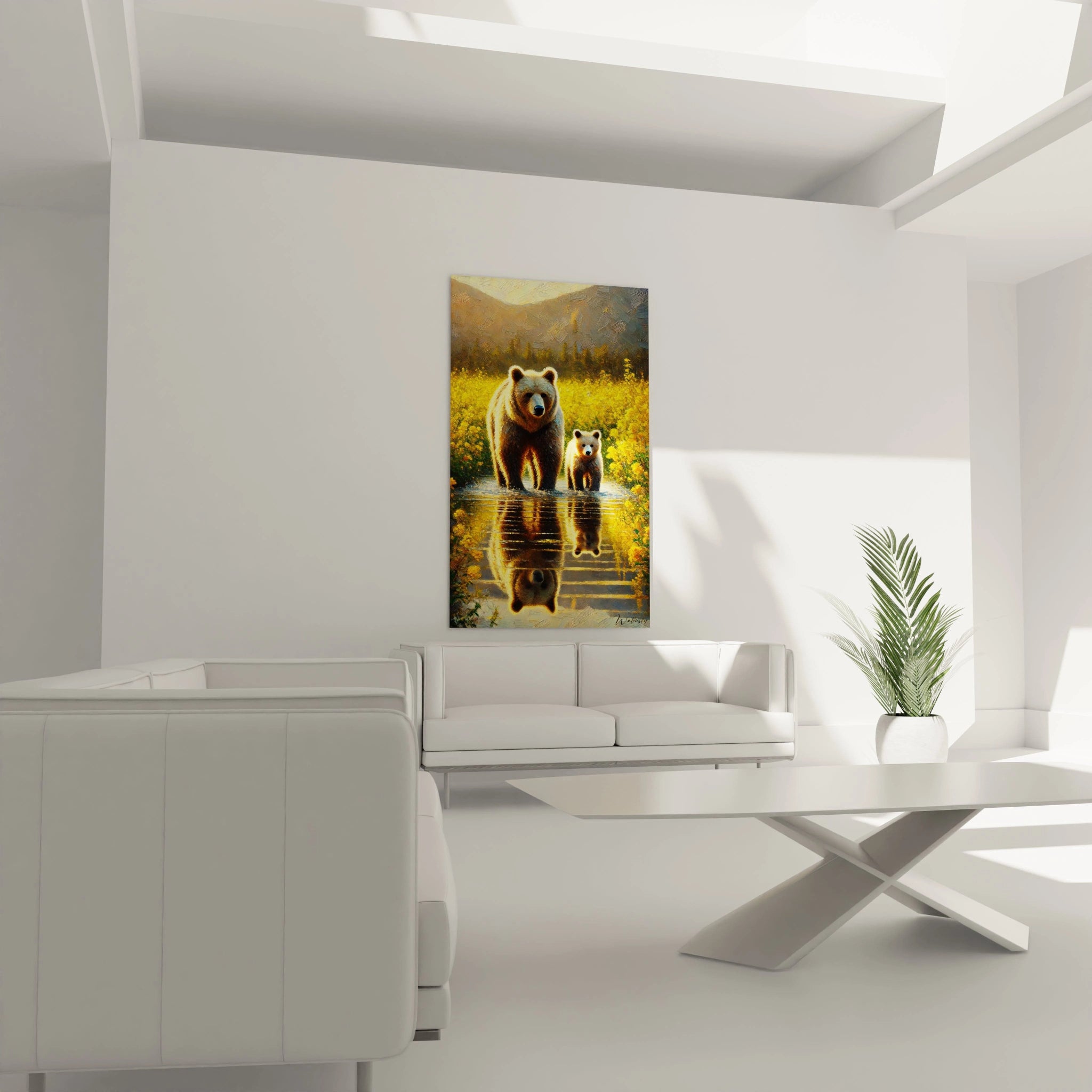 Le tableau ours brun, accroche au-dessus d’un canape, infuse une sensation de nature sauvage et d’elegance dans votre salon grace a sa scene apaisante et ses couleurs chaudes.